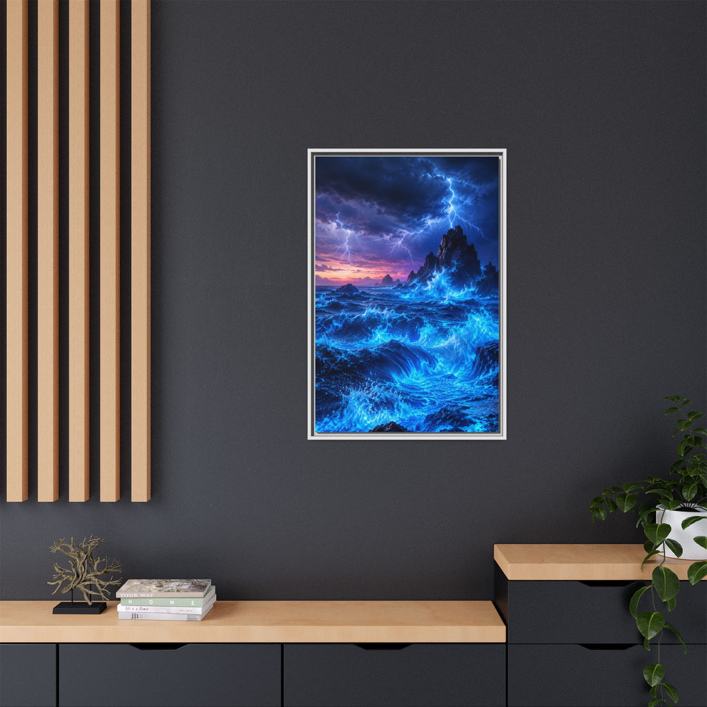 Framed Matte Canvas Art — Electric Stormy Ocean Landscape