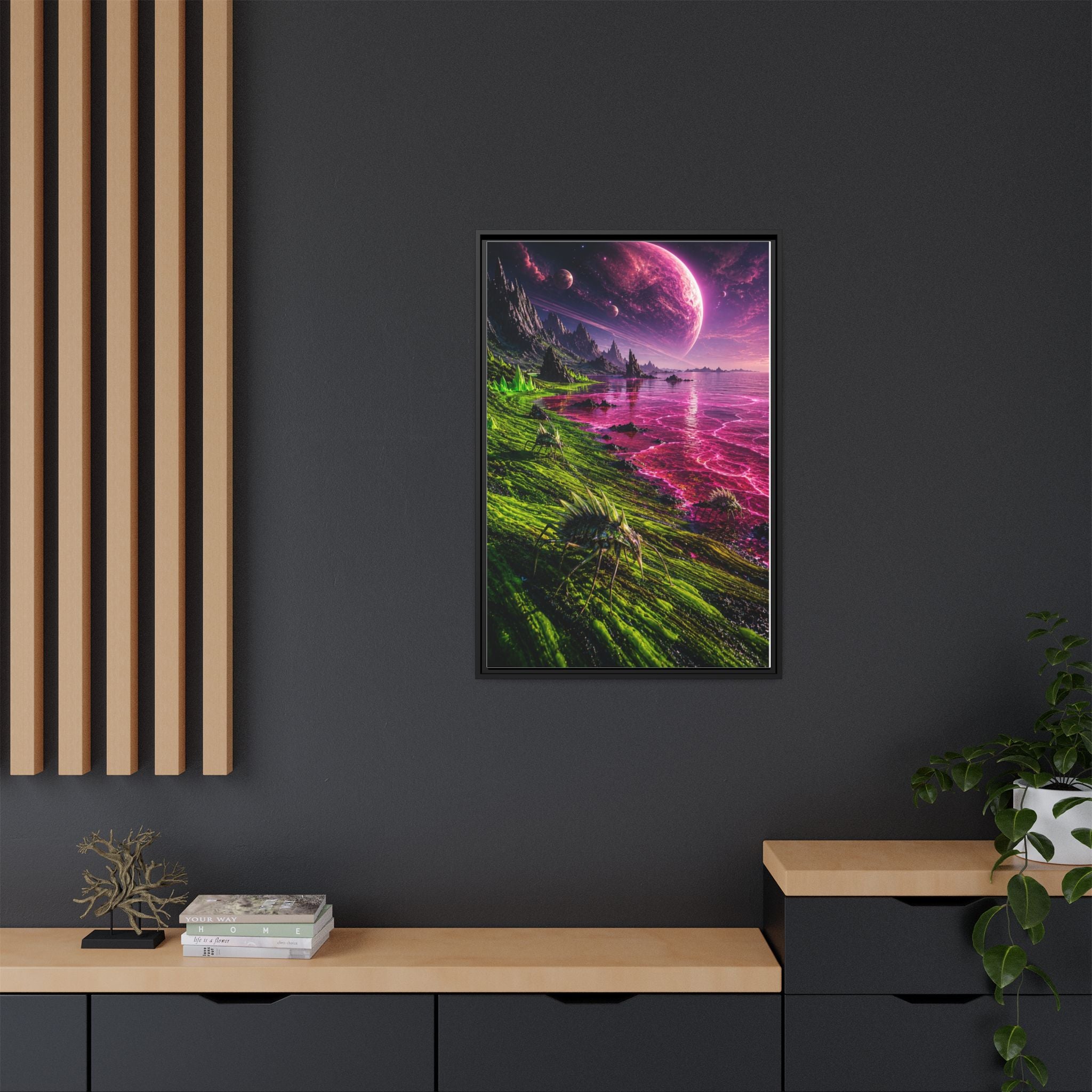Framed Matte Canvas - Neon Alien Landscape Wall Art