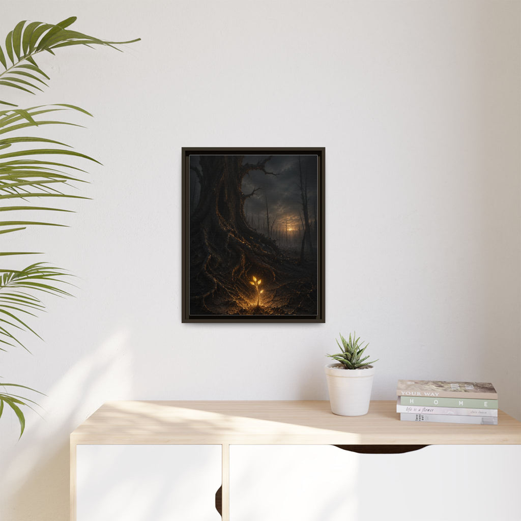 Framed Matte Canvas — Glow Sprout in Dark Forest (Ethereal Fantasy Wall Art)