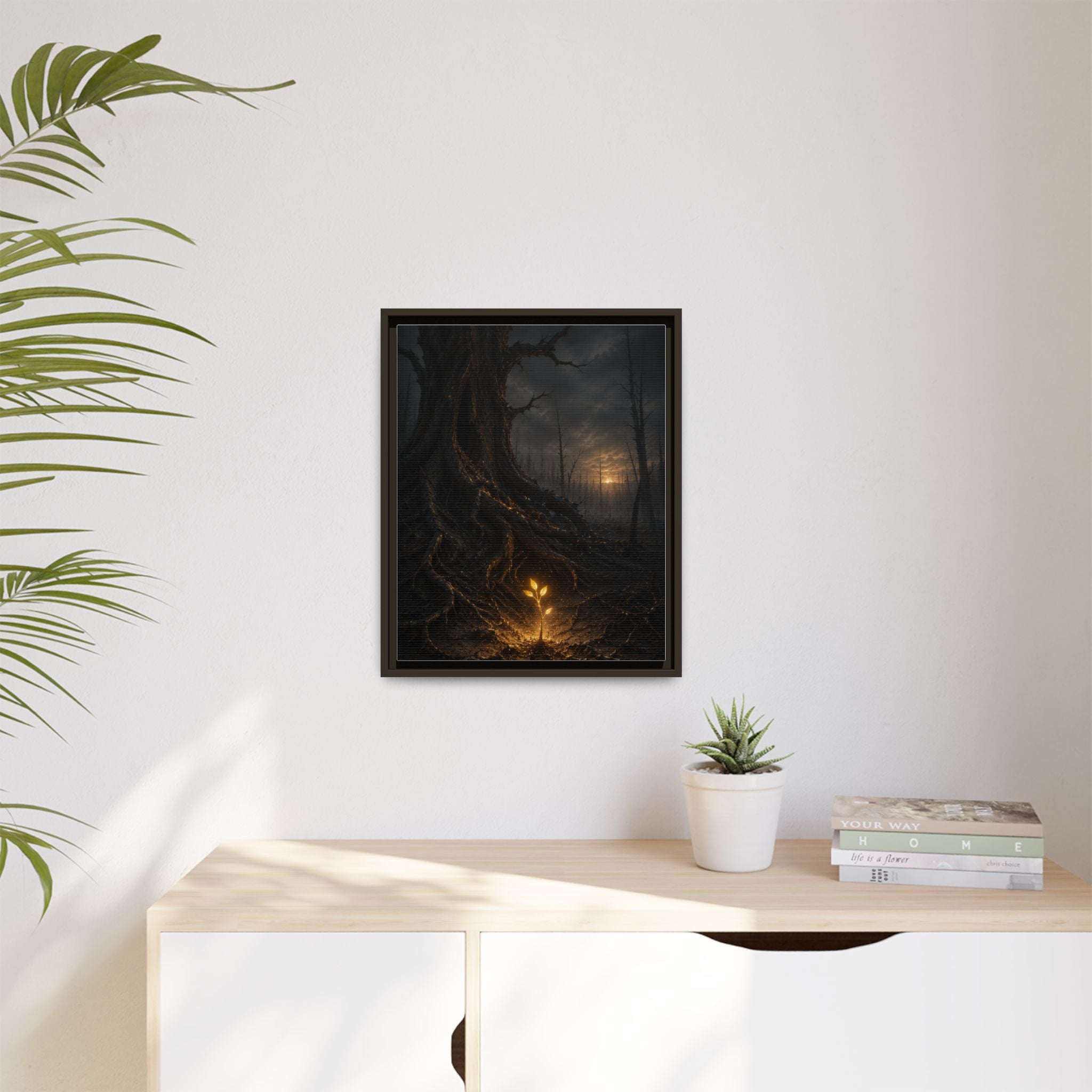 Framed Matte Canvas — Glow Sprout in Dark Forest (Ethereal Fantasy Wall Art)
