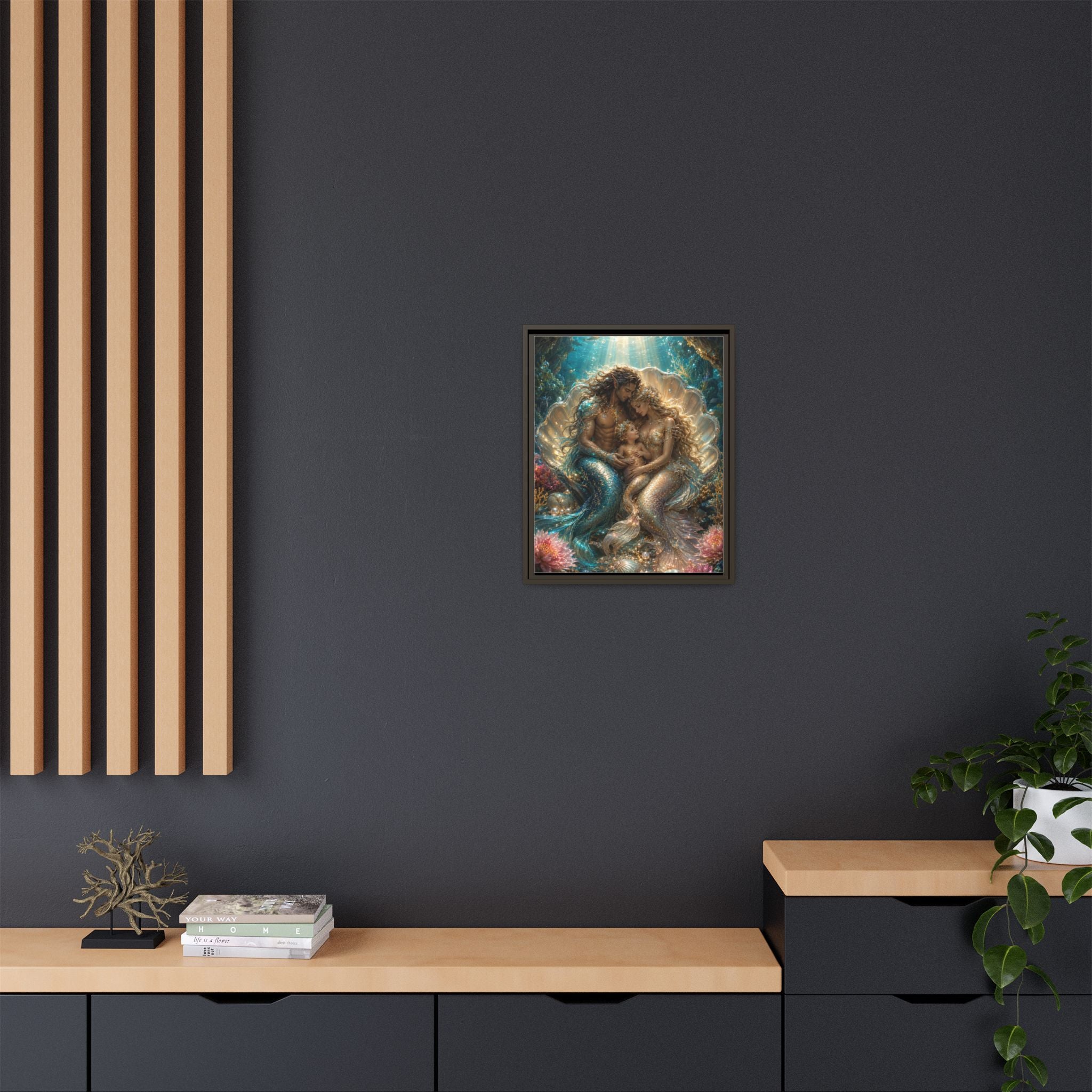 Framed Mermaid Family Art Print — Oceanic Fantasy Canvas Wall Decor