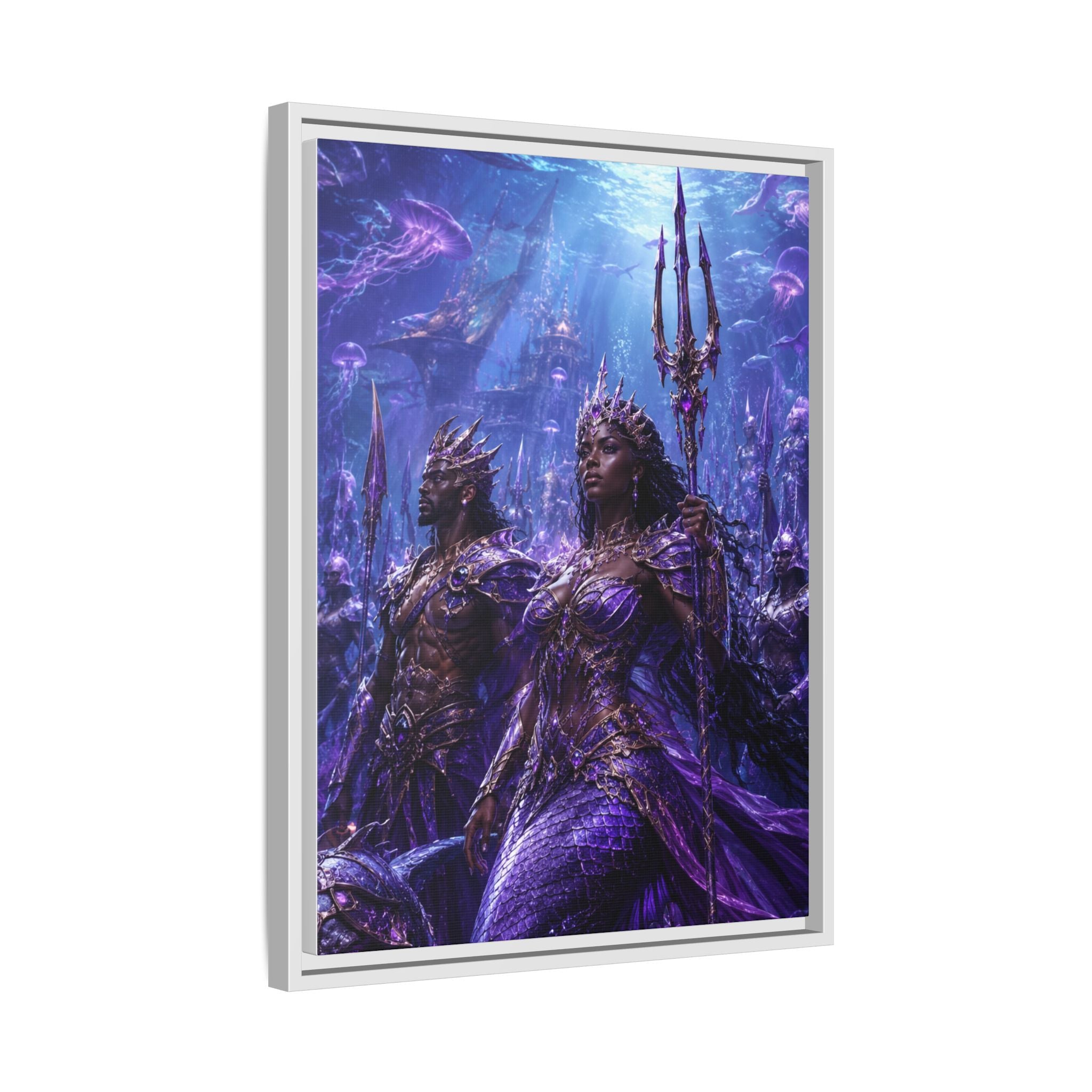 Framed Matte Canvas Print — Regal Underwater Merfolk Royalty (Purple)