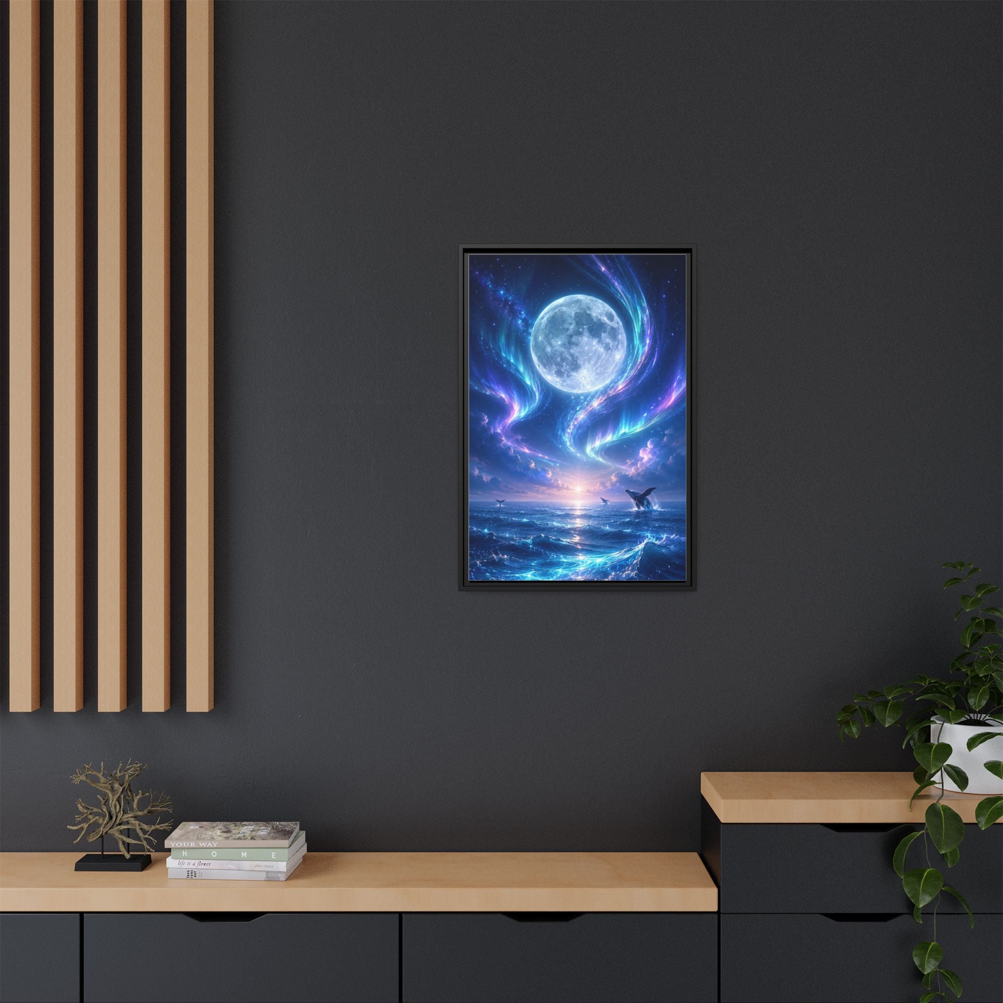 Framed Canvas Art - Lunar Aurora Ocean Scene