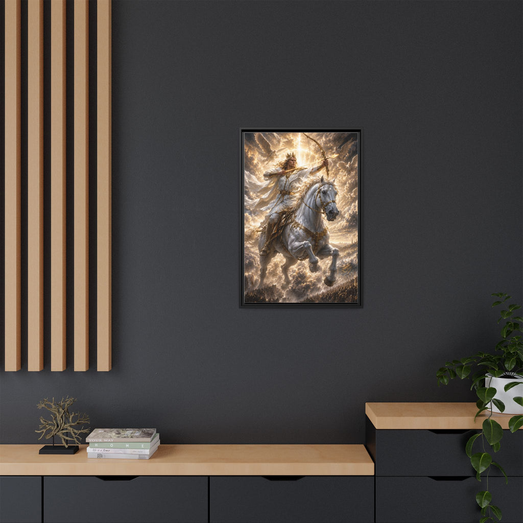Mythic Warrior on White Steed — Framed Matte Canvas Wall Art