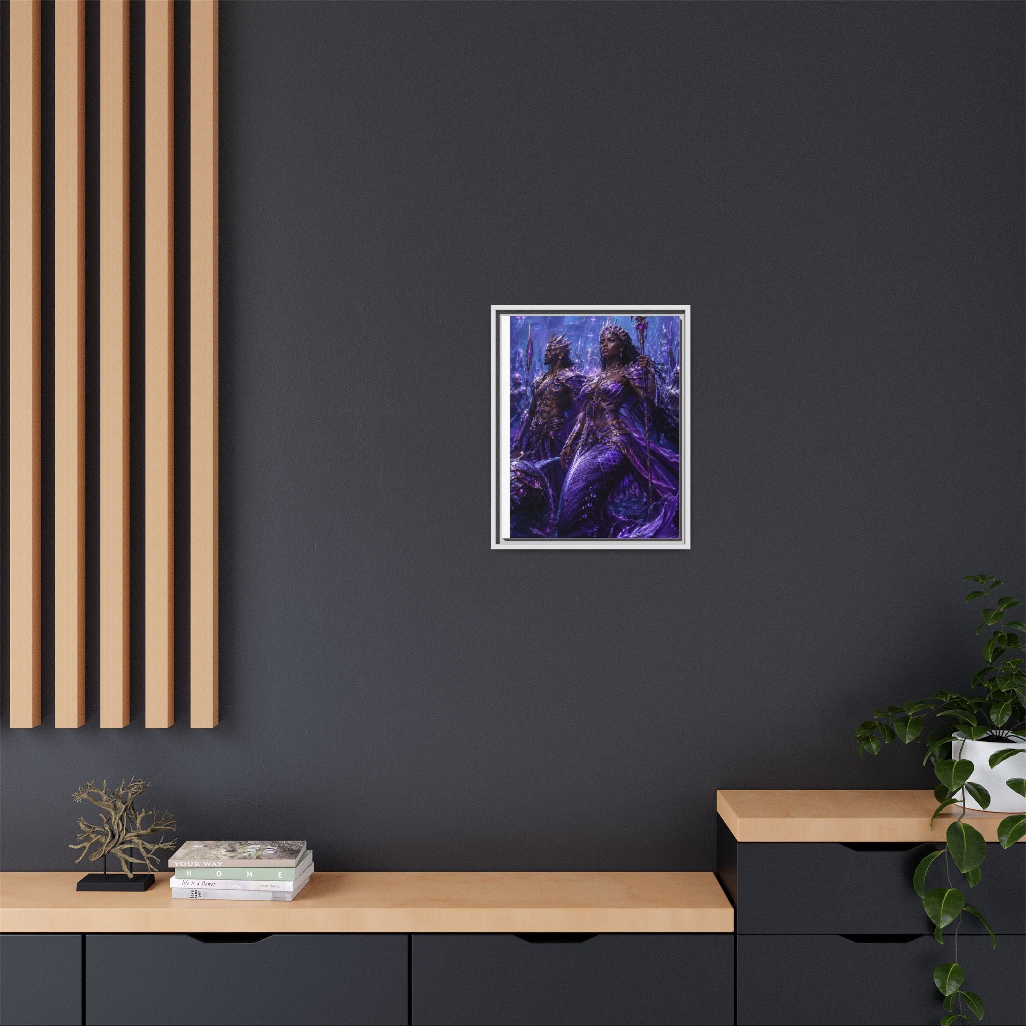 Framed Matte Canvas Print — Regal Underwater Merfolk Royalty (Purple)