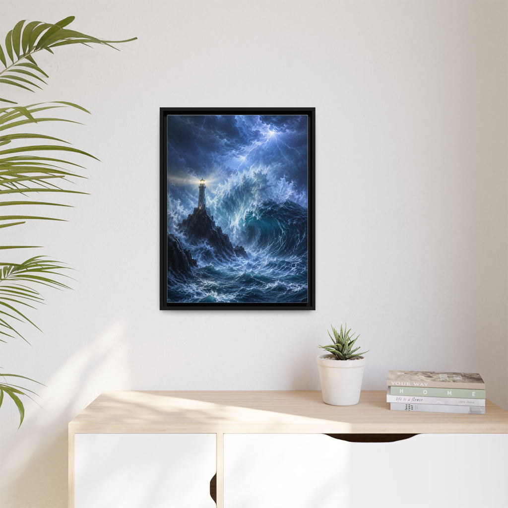 Framed Matte Canvas – Stormy Lighthouse Ocean Print