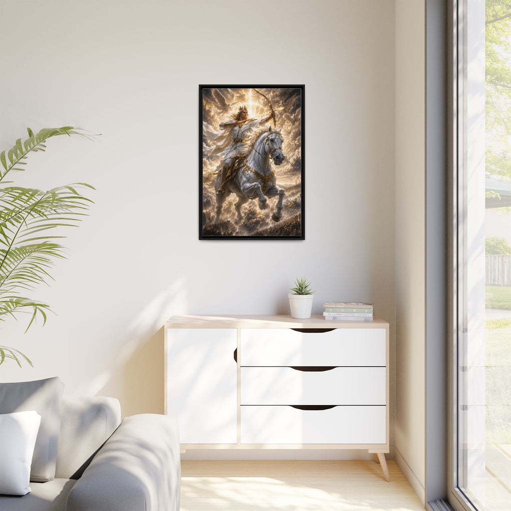Mythic Warrior on White Steed — Framed Matte Canvas Wall Art