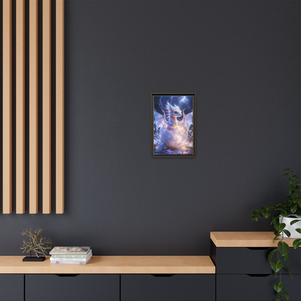 Framed Fantasy Dragon Canvas Print — Mystical Baby Dragon in Cracked Egg Wall Art