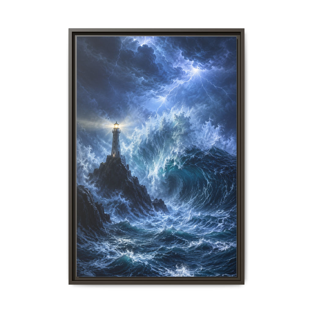 Framed Matte Canvas – Stormy Lighthouse Ocean Print