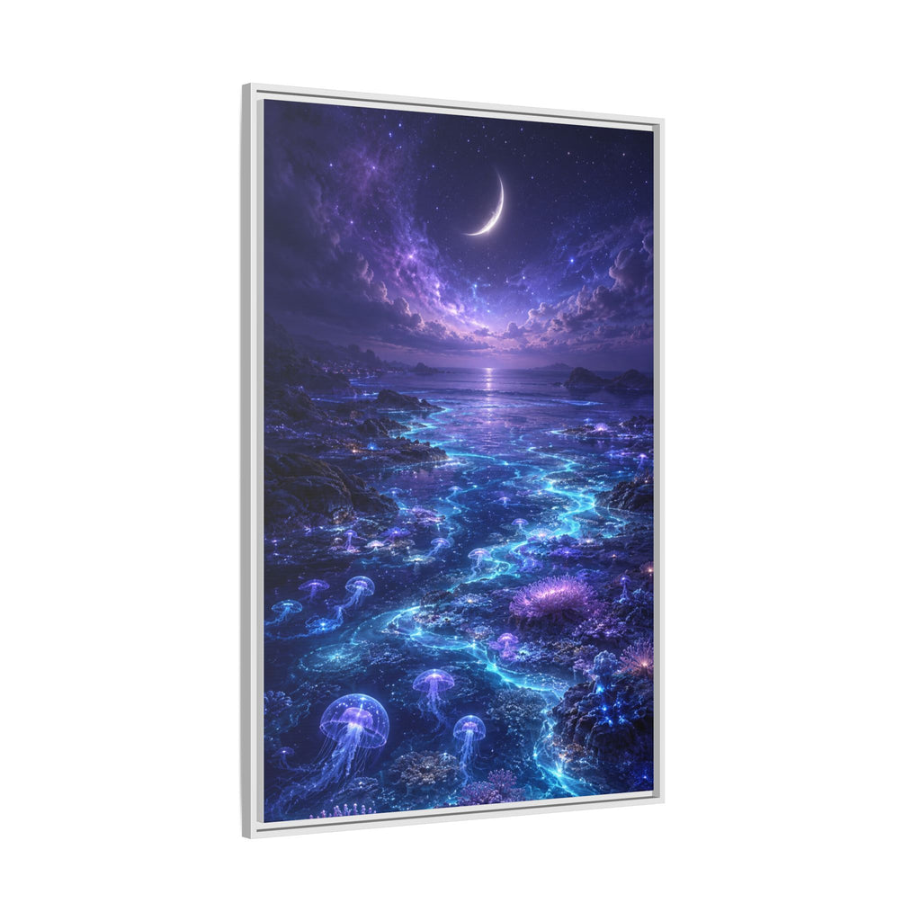 Framed Canvas Art — Bioluminescent Moonlit Ocean Scene