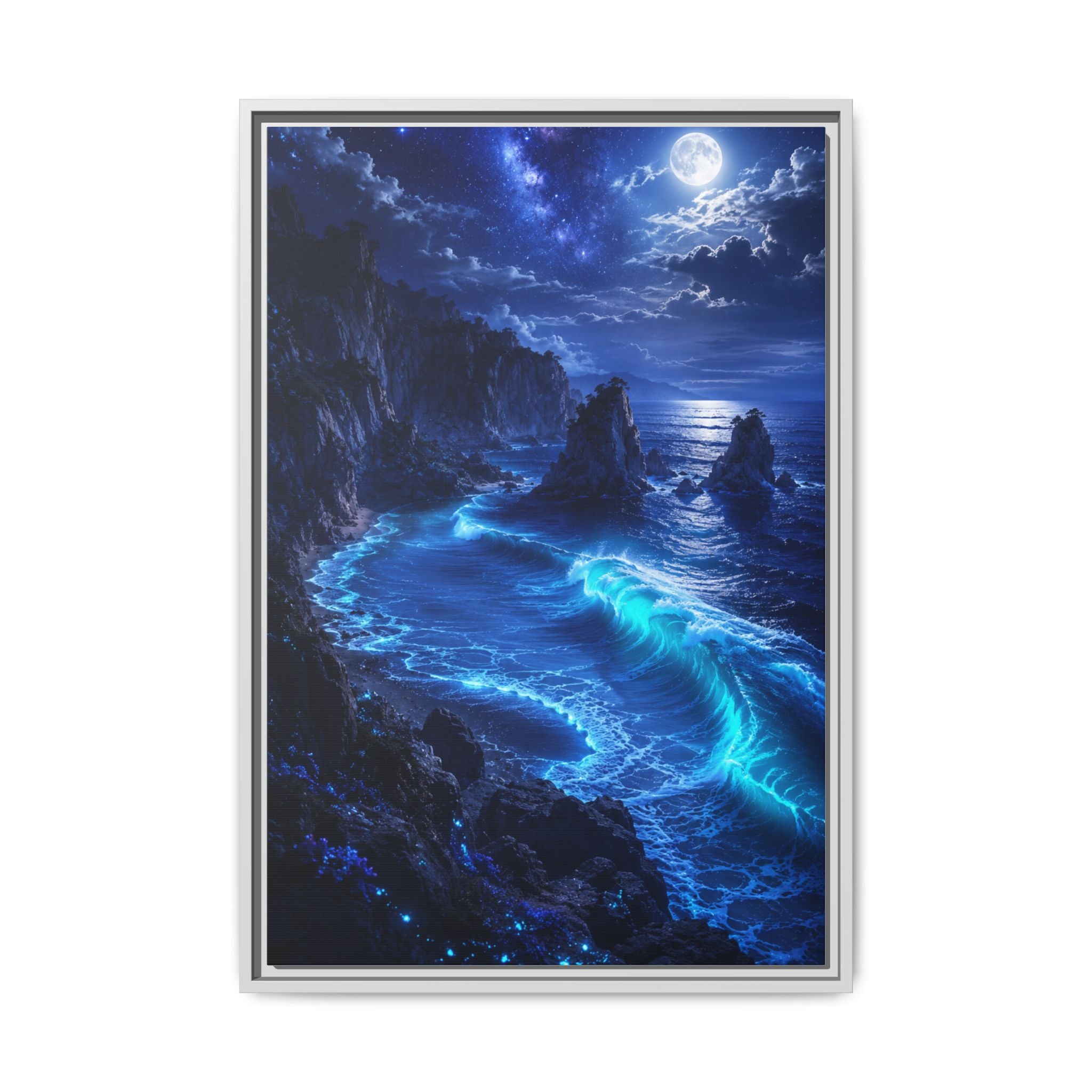 Framed Matte Canvas: Luminous Moonlit Ocean Art Print