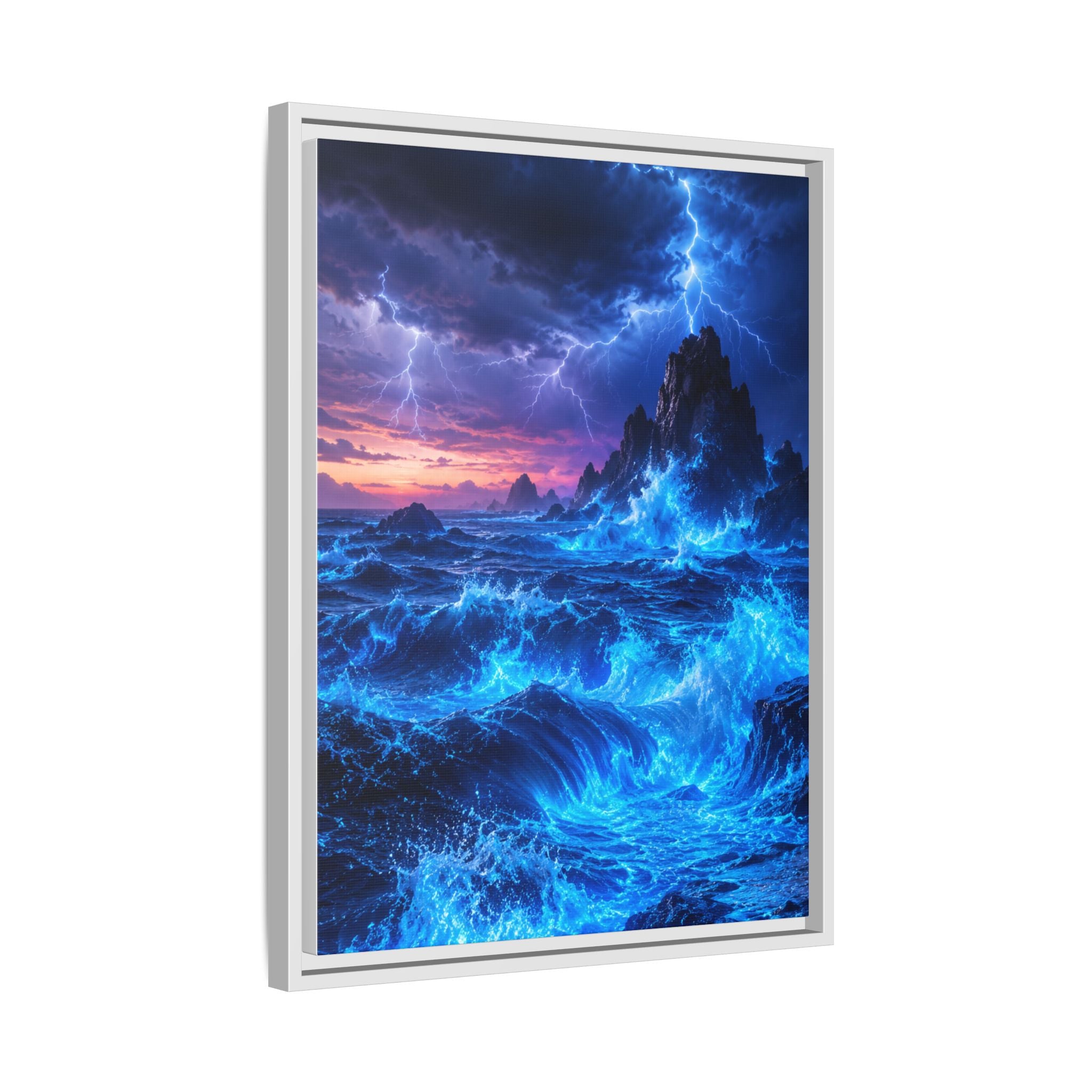 Framed Matte Canvas Art — Electric Stormy Ocean Landscape