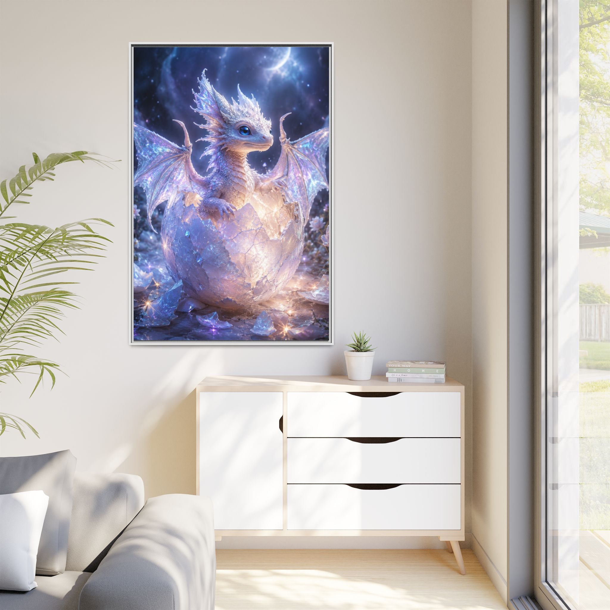 Framed Fantasy Dragon Canvas Print — Mystical Baby Dragon in Cracked Egg Wall Art