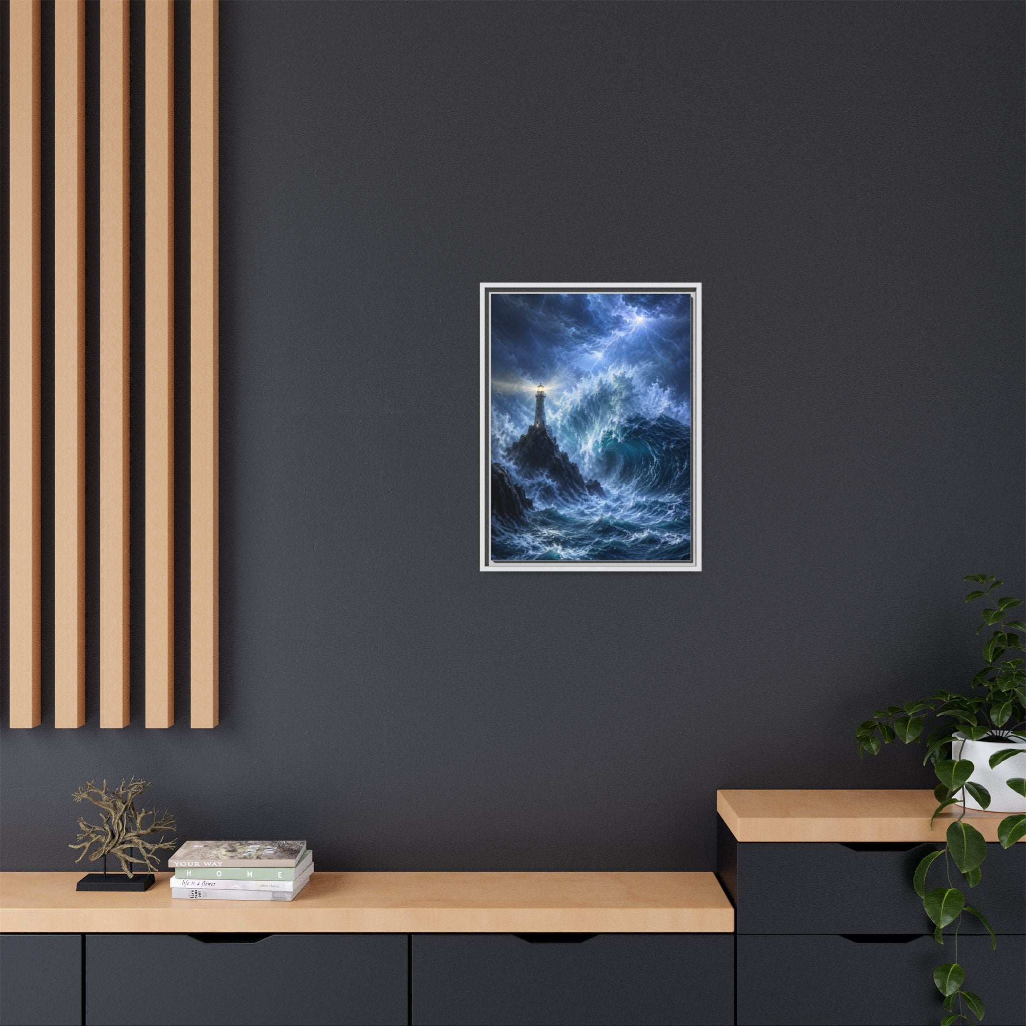 Framed Matte Canvas – Stormy Lighthouse Ocean Print
