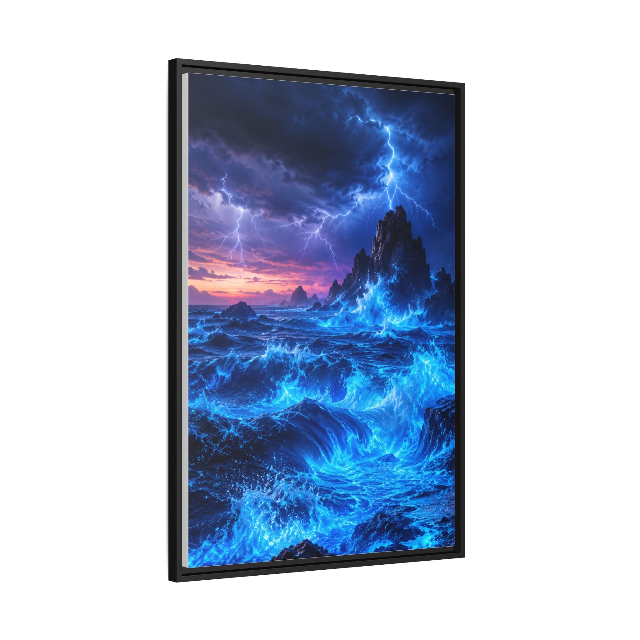 Framed Matte Canvas Art — Electric Stormy Ocean Landscape