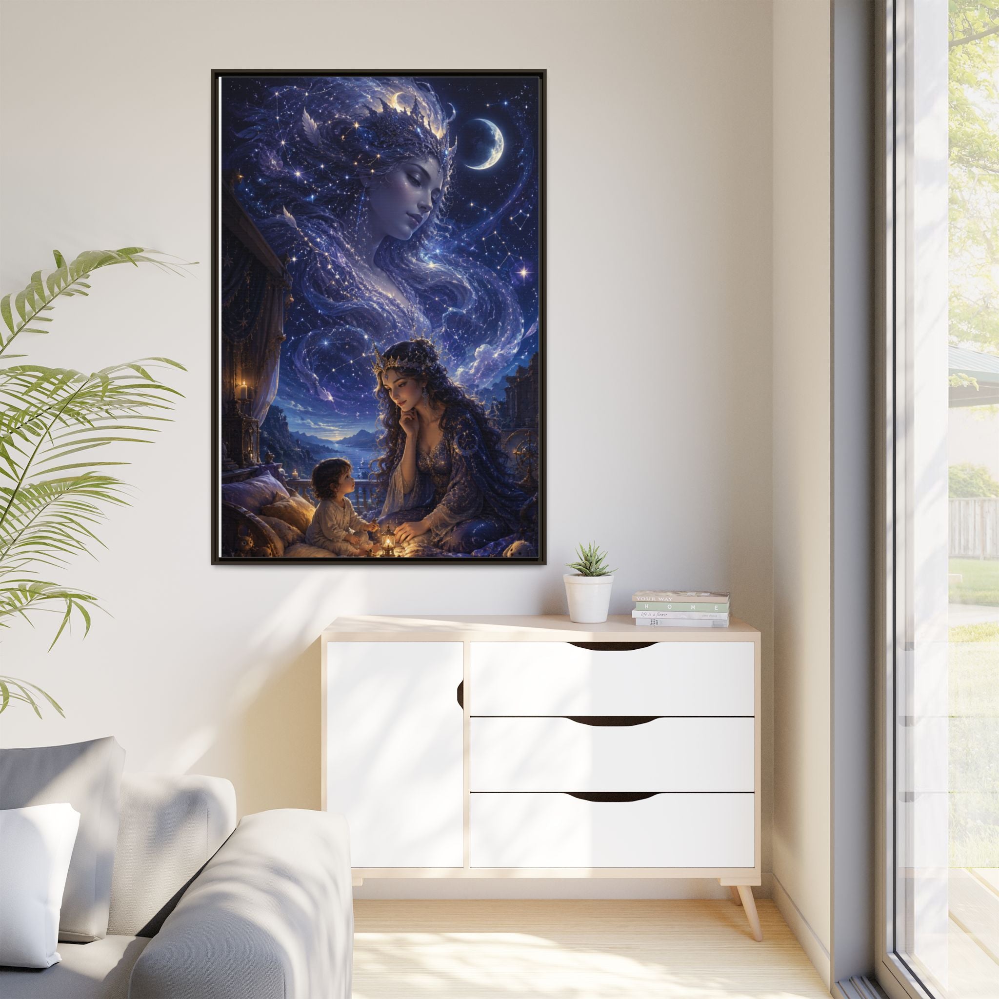 Framed Matte Canvas — Mystical Moon Mother & Child Nightscape Wall Art