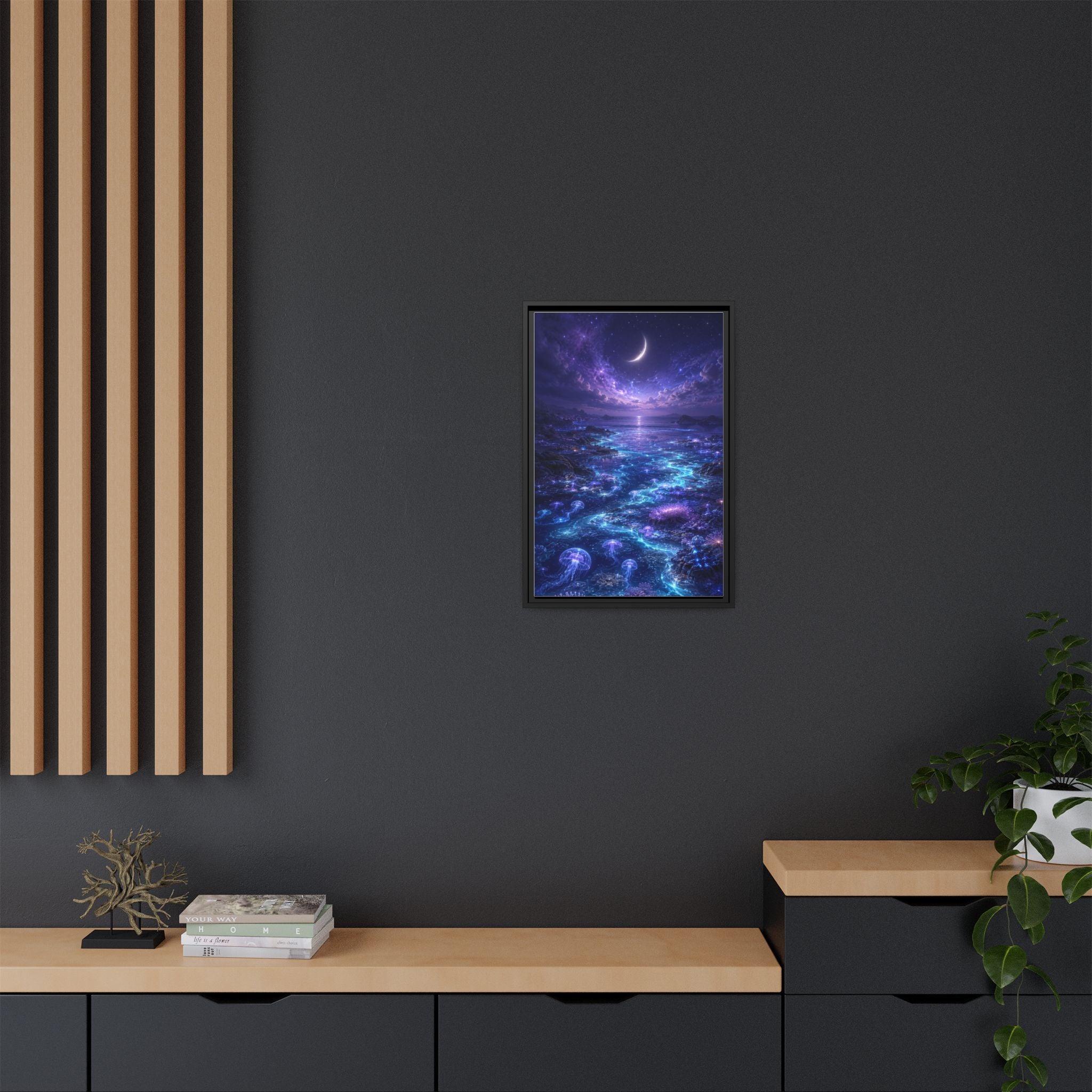 Framed Canvas Art — Bioluminescent Moonlit Ocean Scene