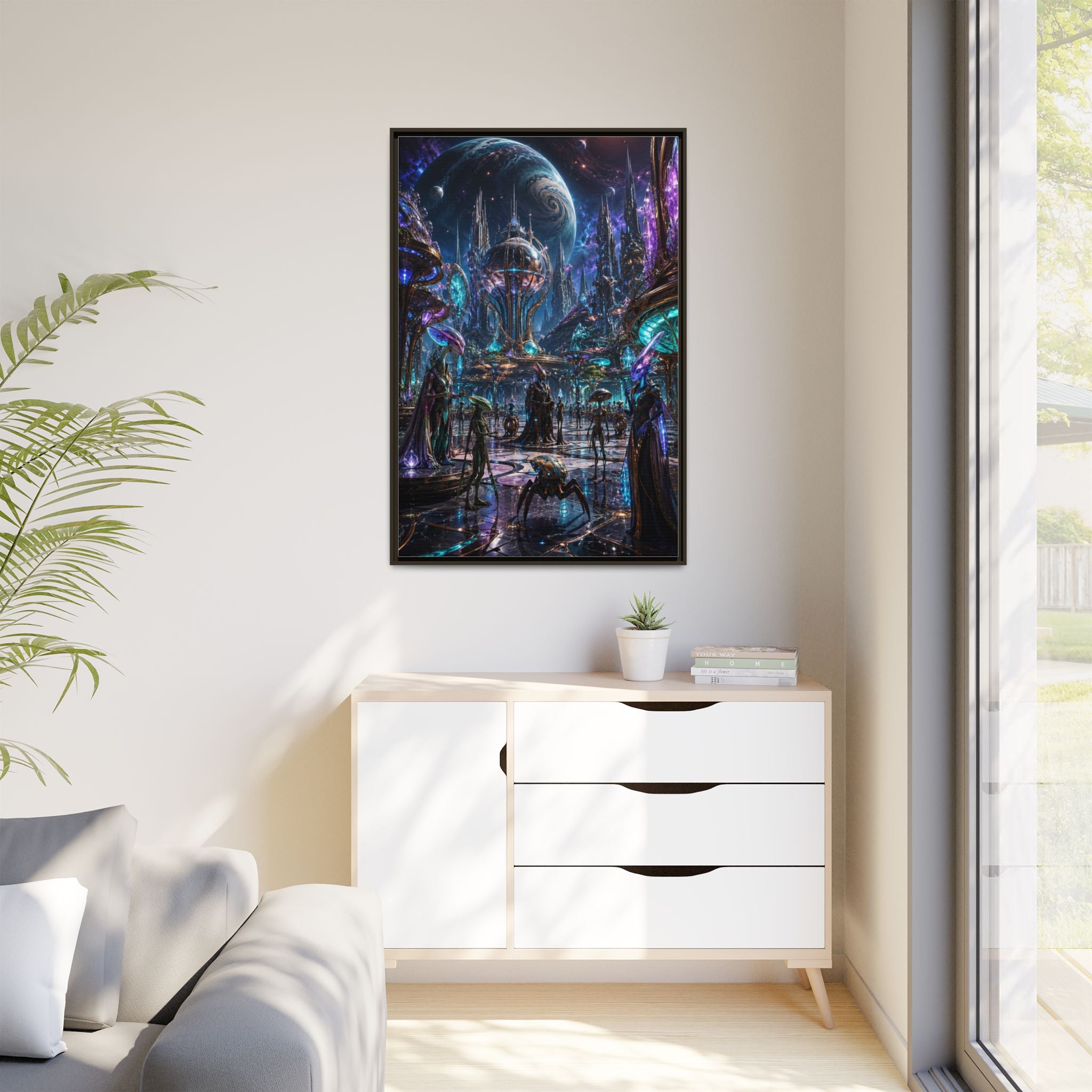 Framed Matte Canvas - Neon Sci‑Fi Cityscape Wall Art
