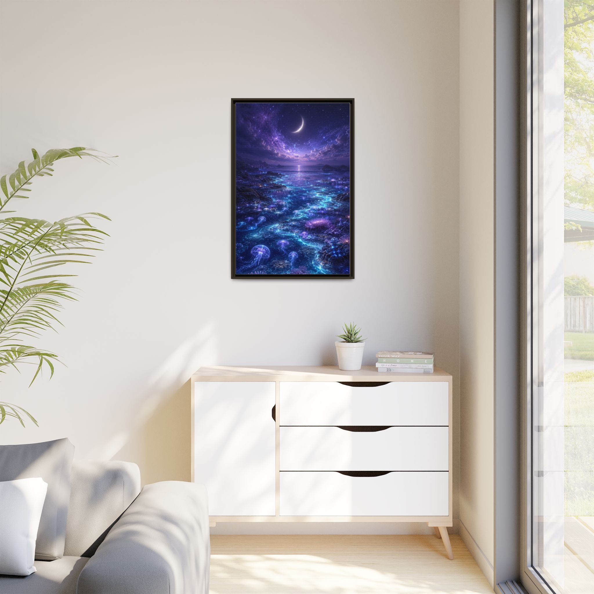Framed Canvas Art — Bioluminescent Moonlit Ocean Scene