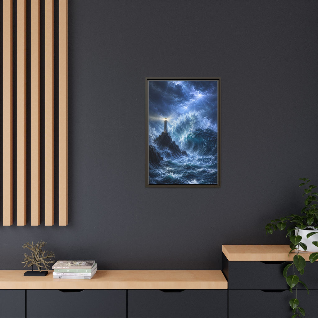 Framed Matte Canvas – Stormy Lighthouse Ocean Print