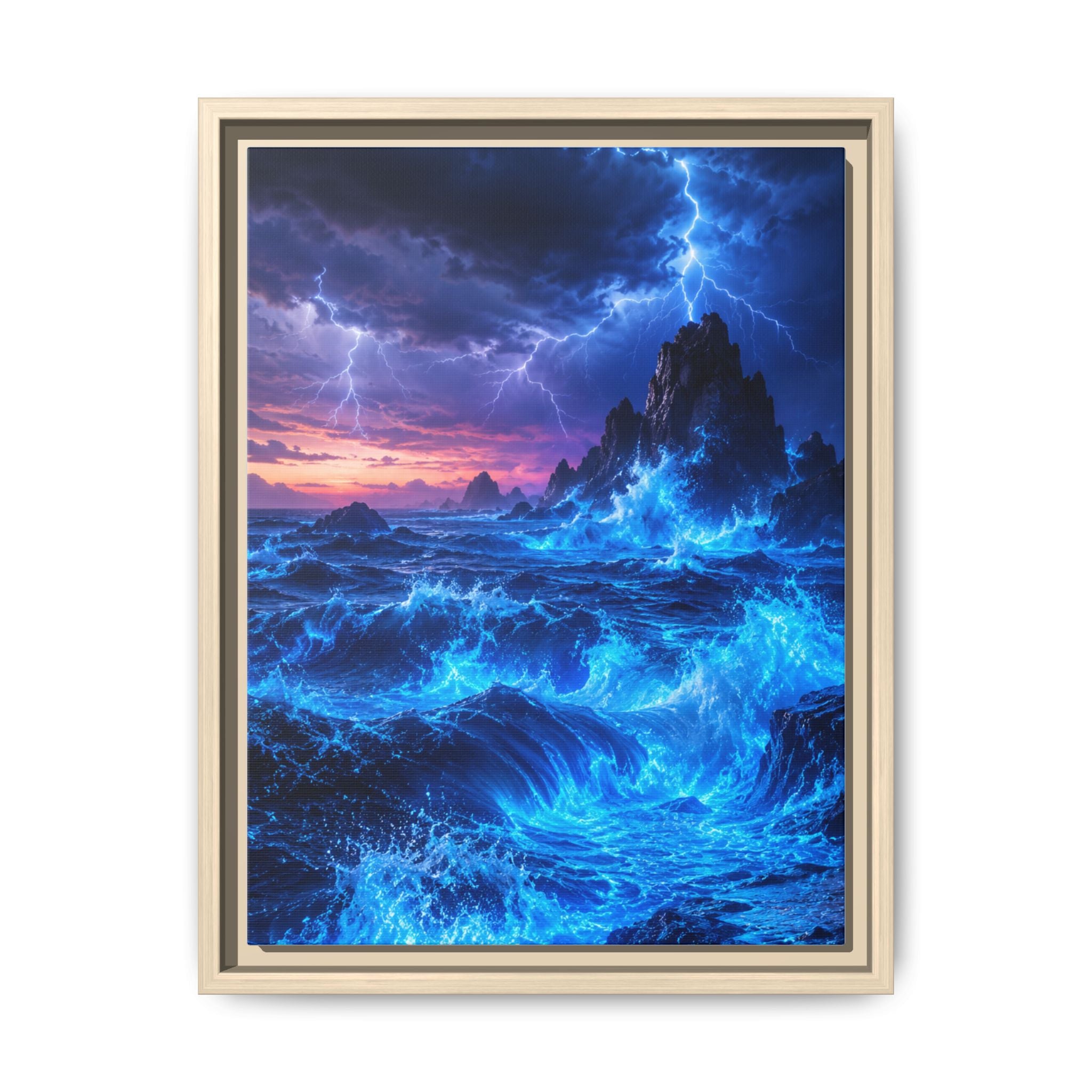 Framed Matte Canvas Art — Electric Stormy Ocean Landscape