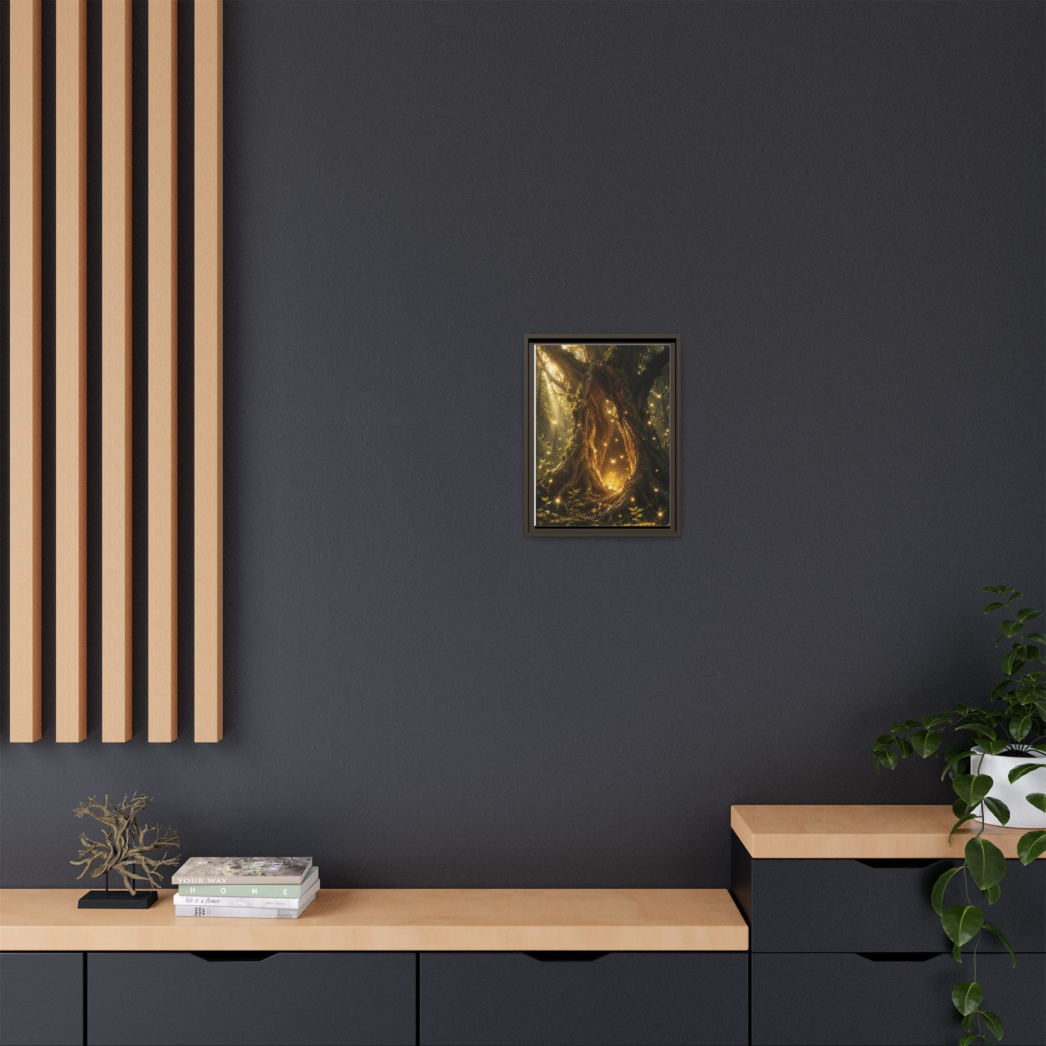 Framed Canvas Art - Enchanted Forest Tree with Glowing Fireflies