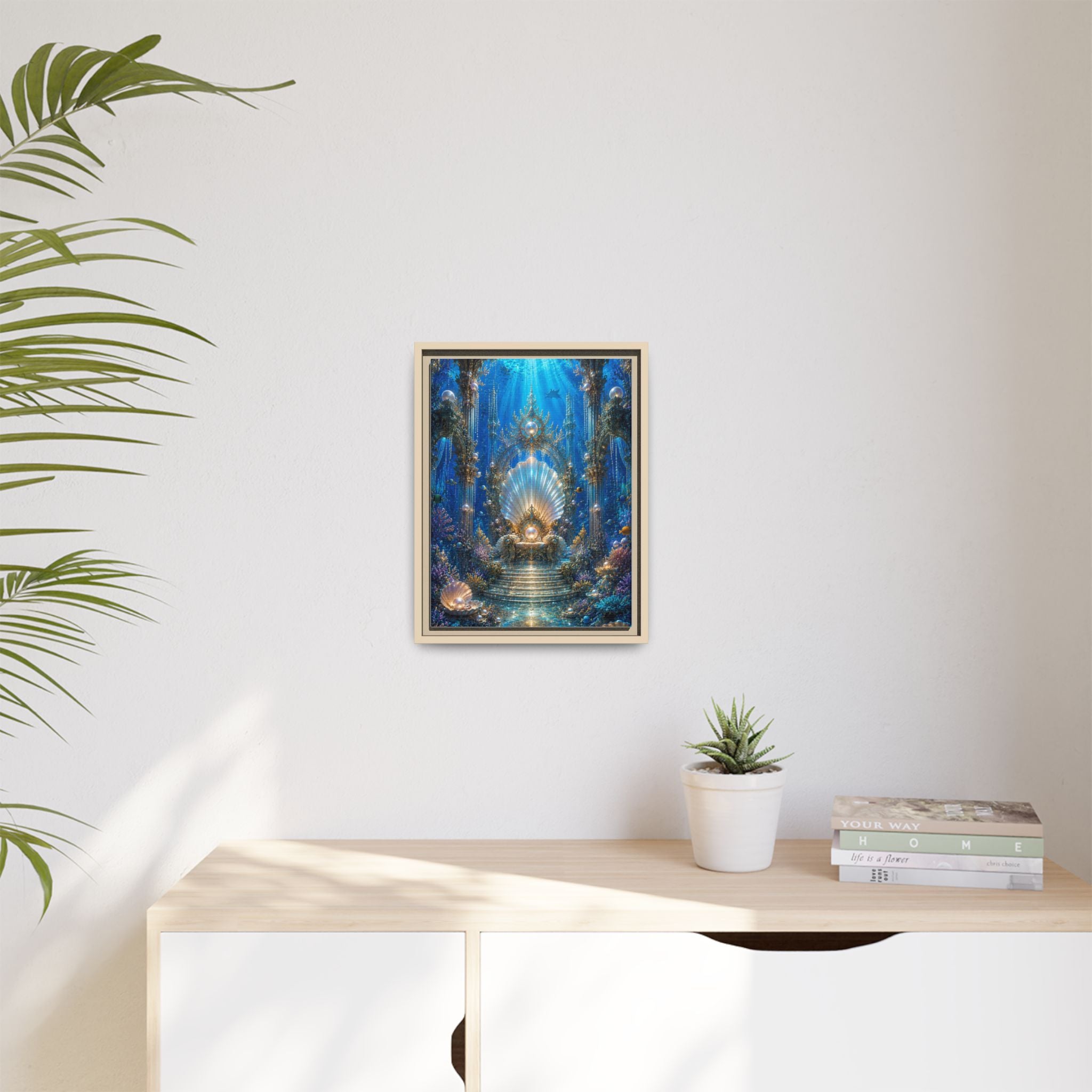 Underwater Palace Framed Canvas Art — Mermaid Throne Ocean Fantasy Print