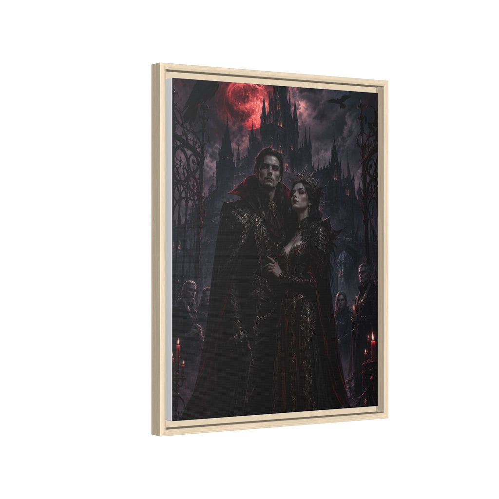 Vampire Couple Matte Framed Canvas Art – Gothic Red Moon Wall Decor