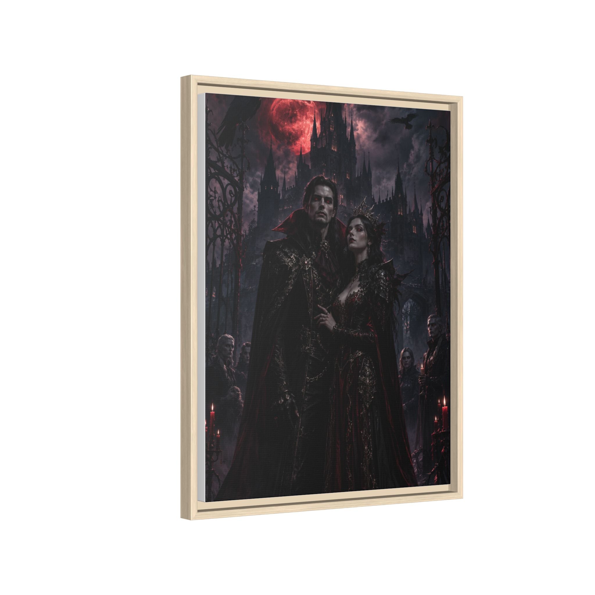 Vampire Couple Matte Framed Canvas Art – Gothic Red Moon Wall Decor