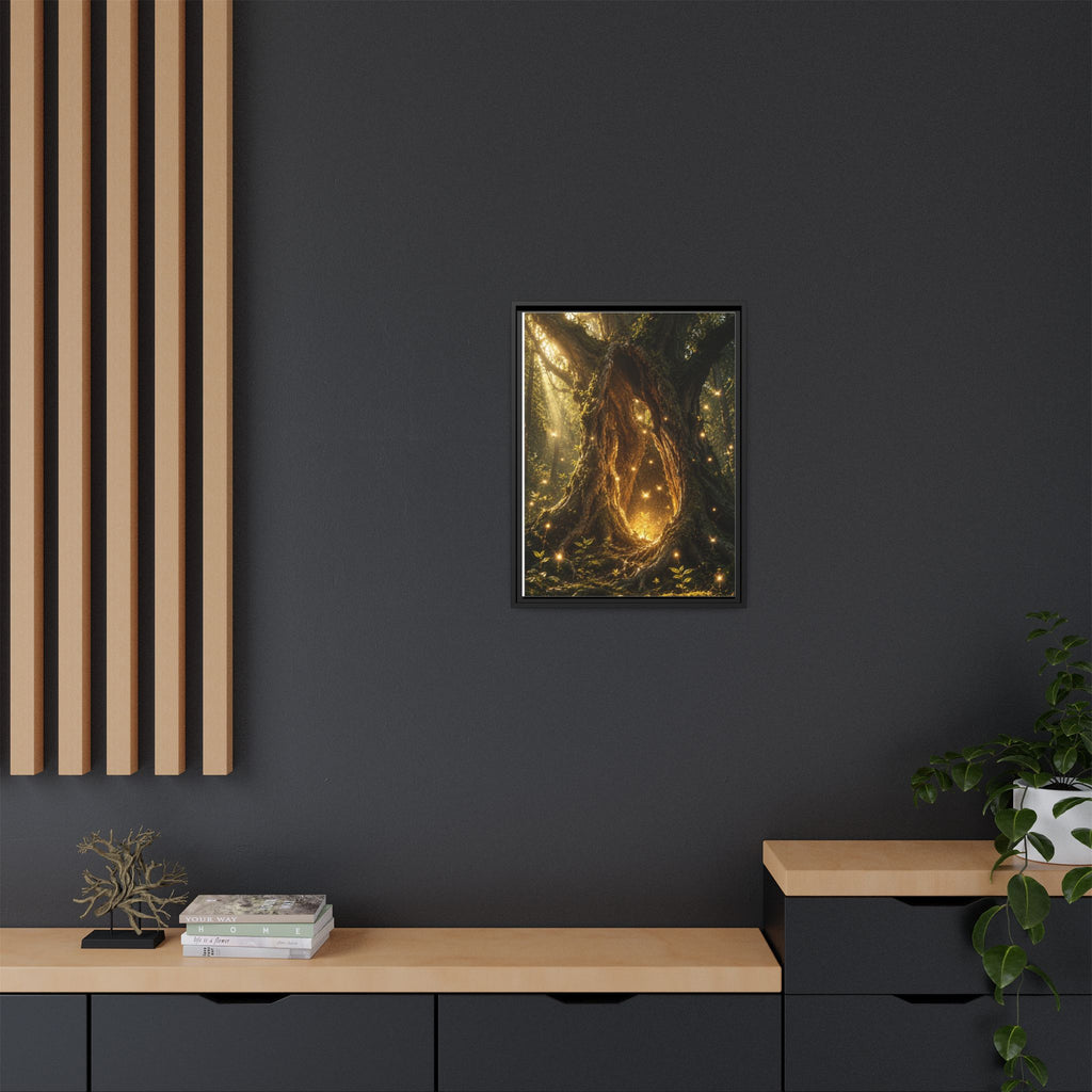 Framed Canvas Art - Enchanted Forest Tree with Glowing Fireflies