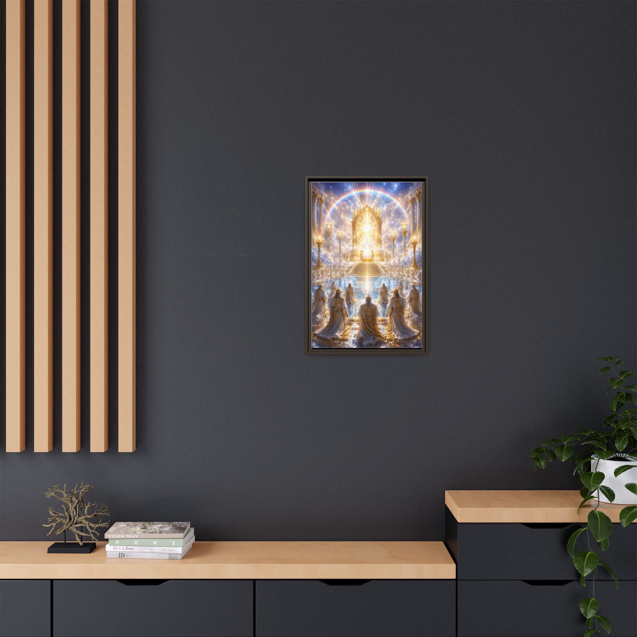 Heavenly Throne Room Matte Framed Canvas — Golden Angelic Realm Wall Art