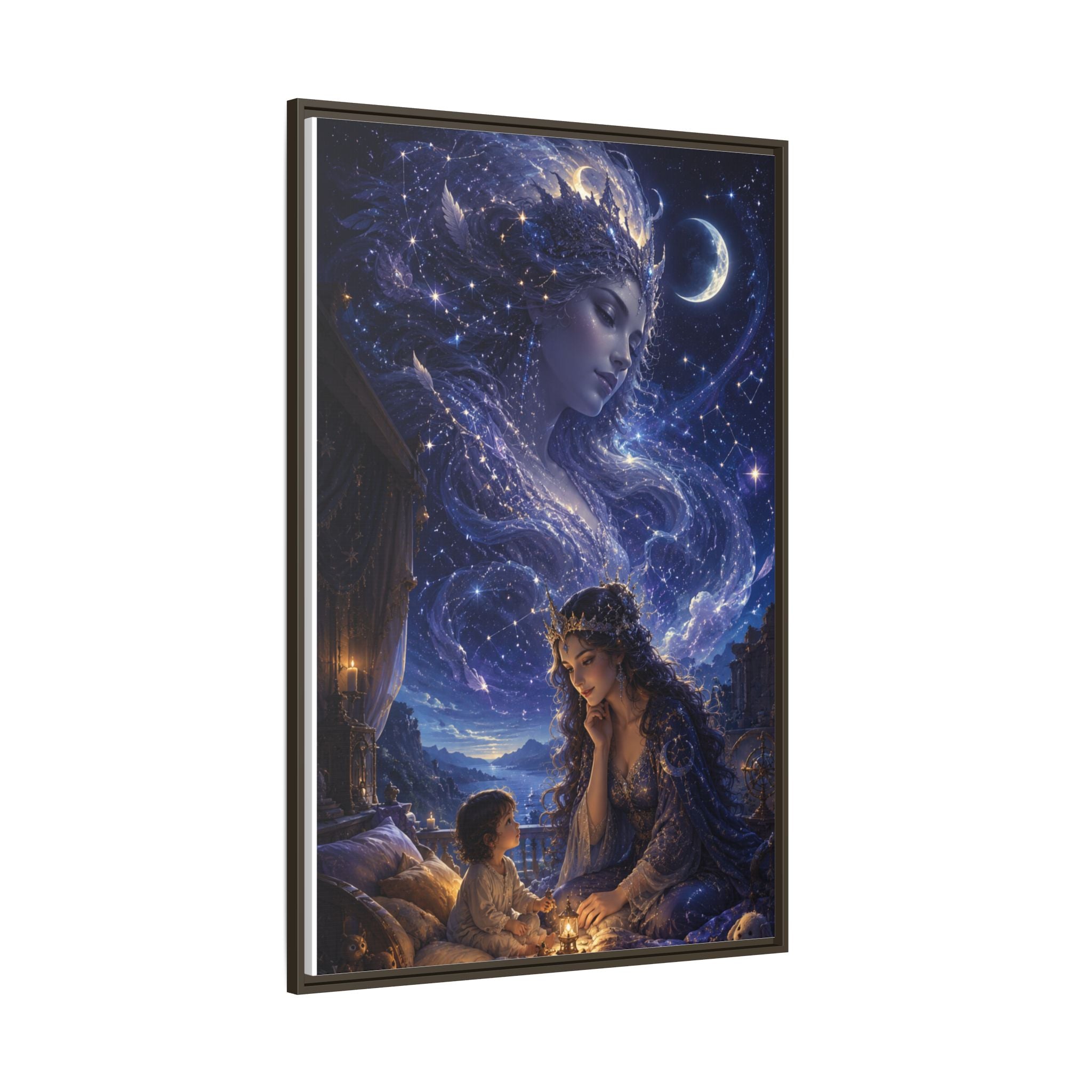 Framed Matte Canvas — Mystical Moon Mother & Child Nightscape Wall Art
