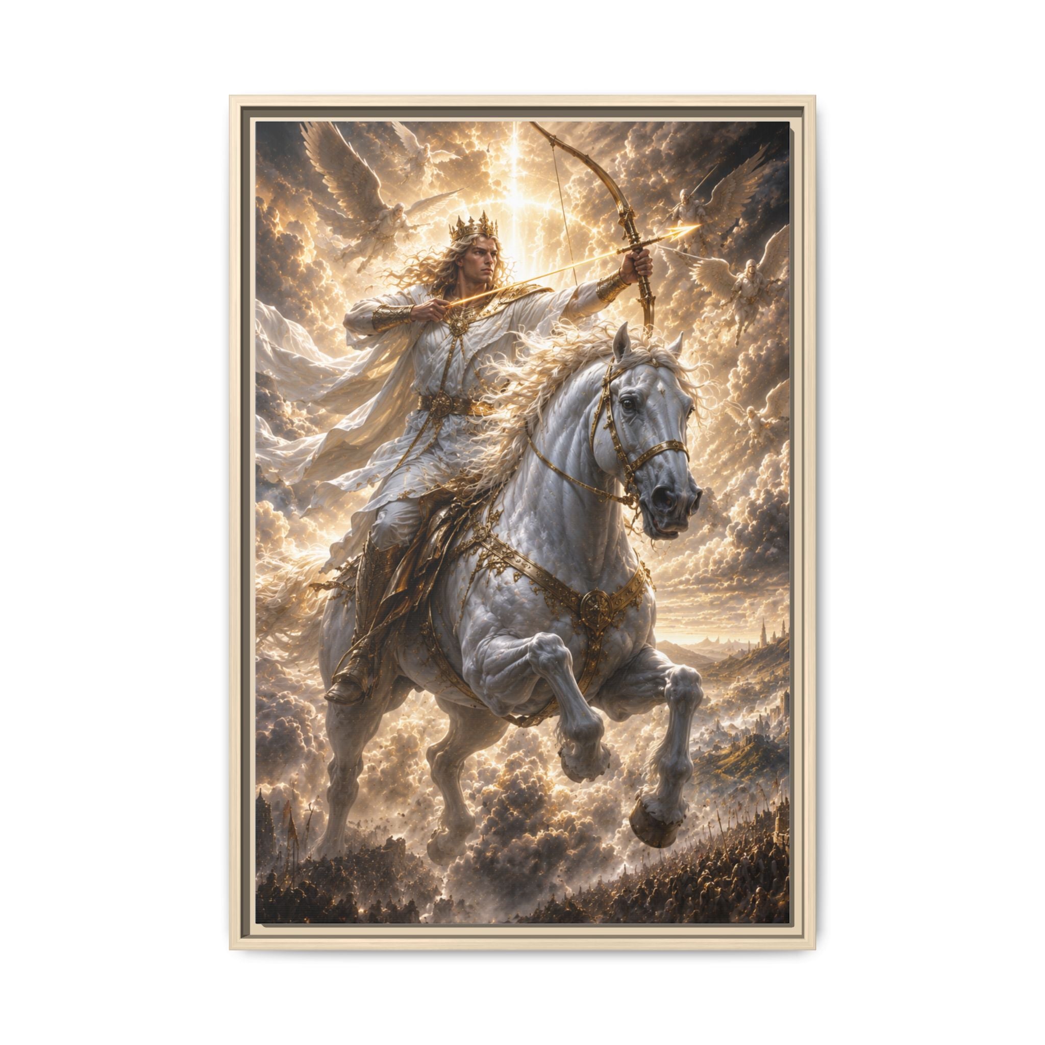 Mythic Warrior on White Steed — Framed Matte Canvas Wall Art