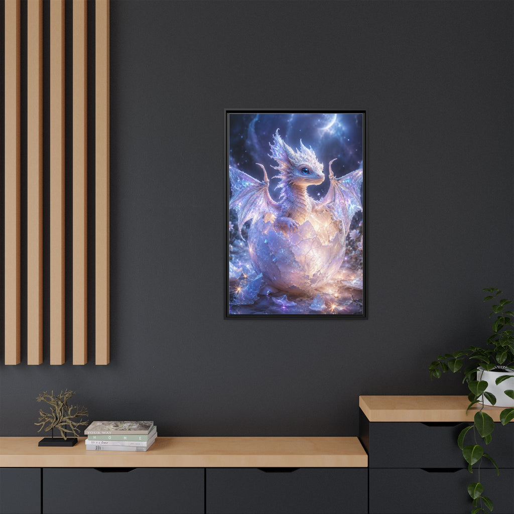 Framed Fantasy Dragon Canvas Print — Mystical Baby Dragon in Cracked Egg Wall Art