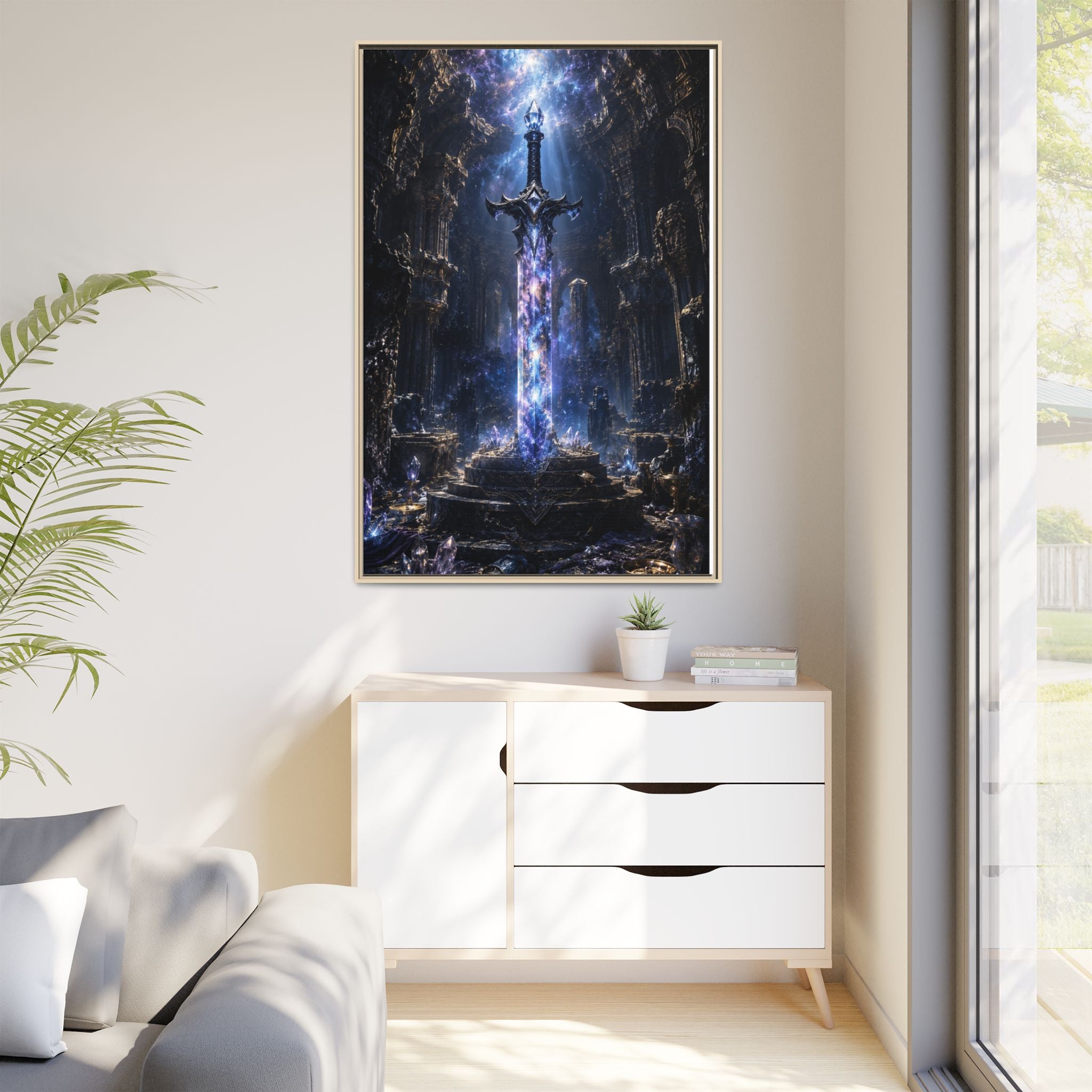 Framed Fantasy Sword Canvas — Mystical Glowing Blade Wall Art