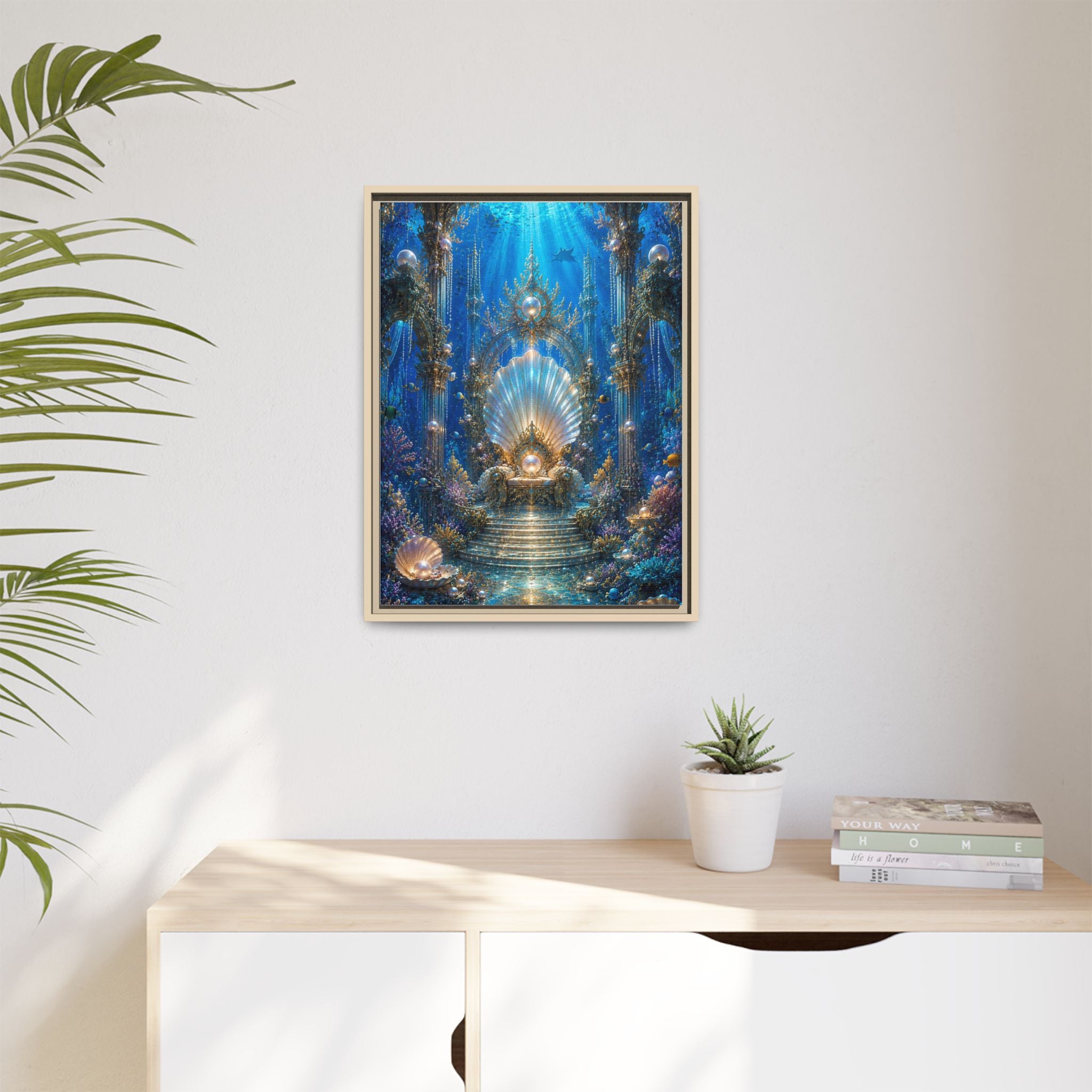 Underwater Palace Framed Canvas Art — Mermaid Throne Ocean Fantasy Print