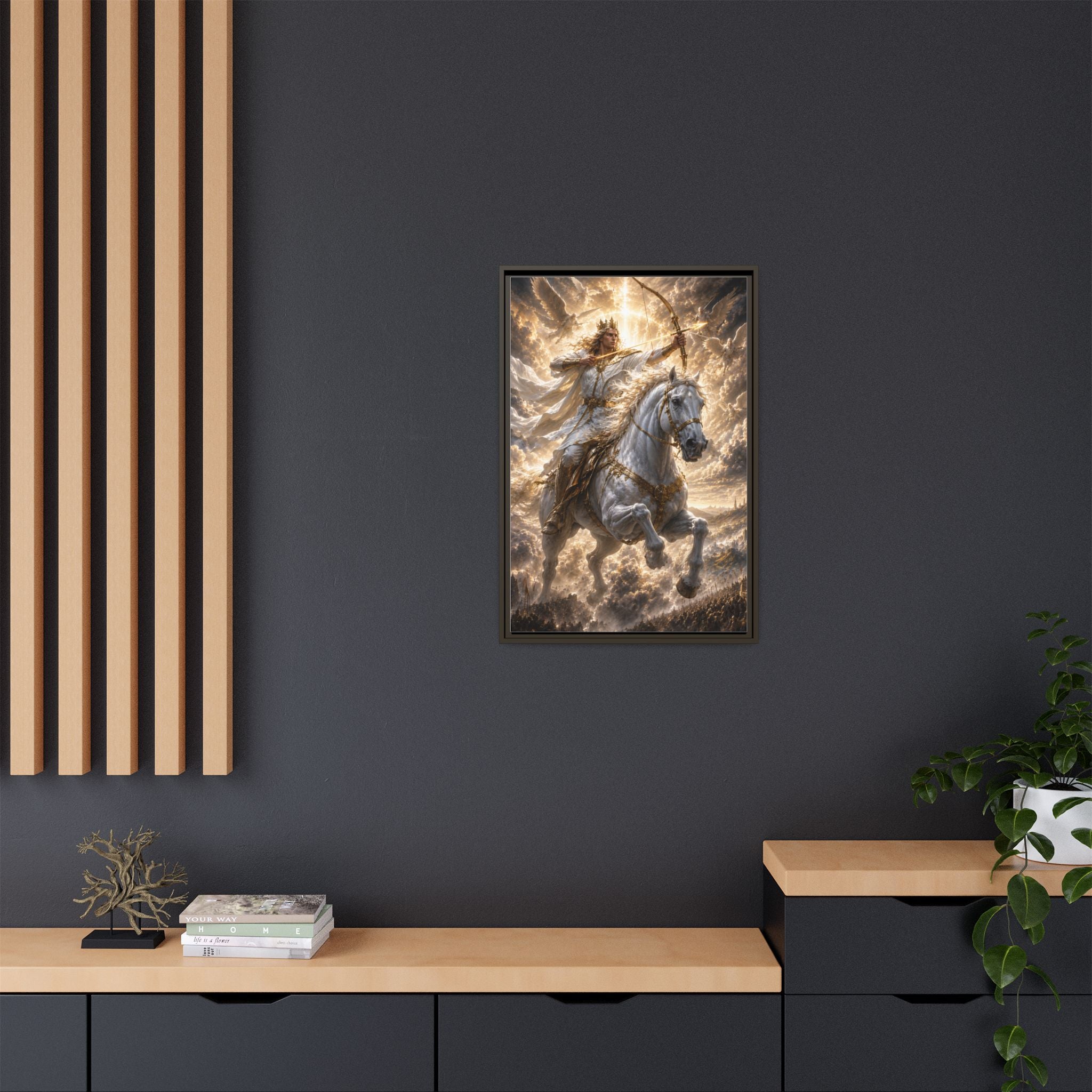 Mythic Warrior on White Steed — Framed Matte Canvas Wall Art
