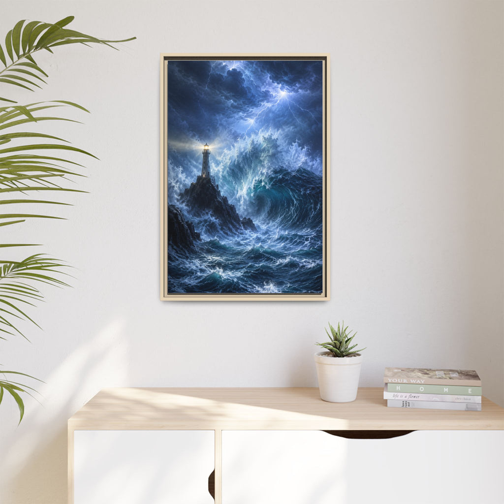 Framed Matte Canvas – Stormy Lighthouse Ocean Print