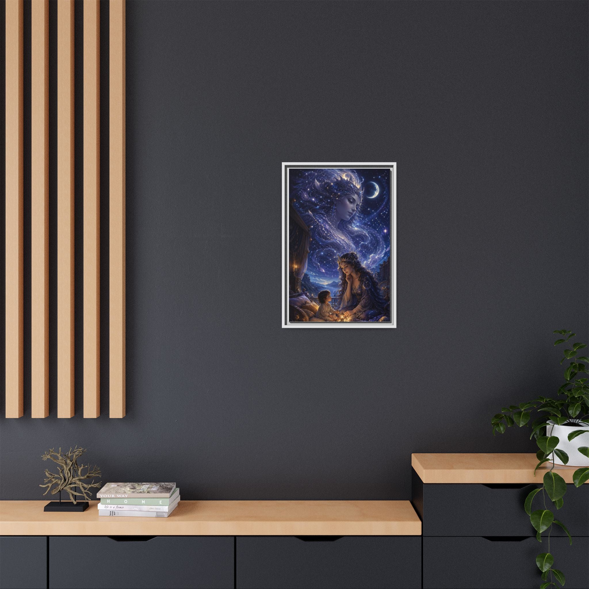 Framed Matte Canvas — Mystical Moon Mother & Child Nightscape Wall Art