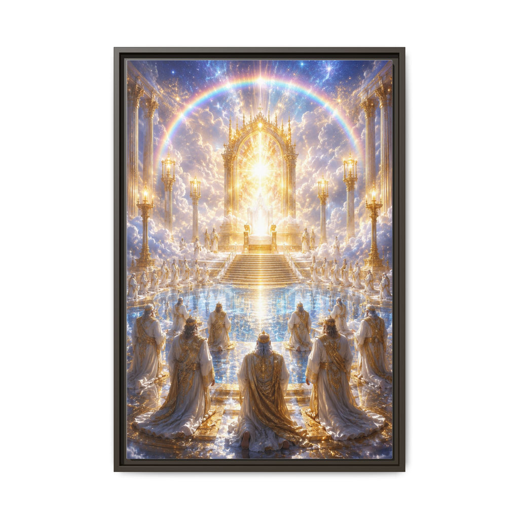 Heavenly Throne Room Matte Framed Canvas — Golden Angelic Realm Wall Art