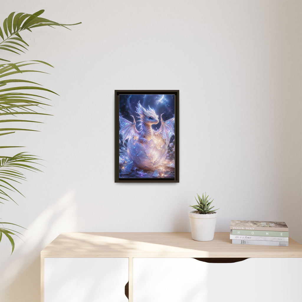 Framed Fantasy Dragon Canvas Print — Mystical Baby Dragon in Cracked Egg Wall Art