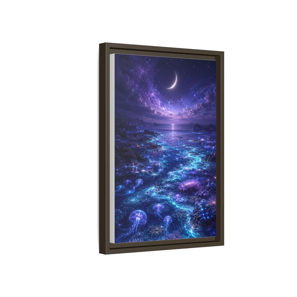 Framed Canvas Art — Bioluminescent Moonlit Ocean Scene
