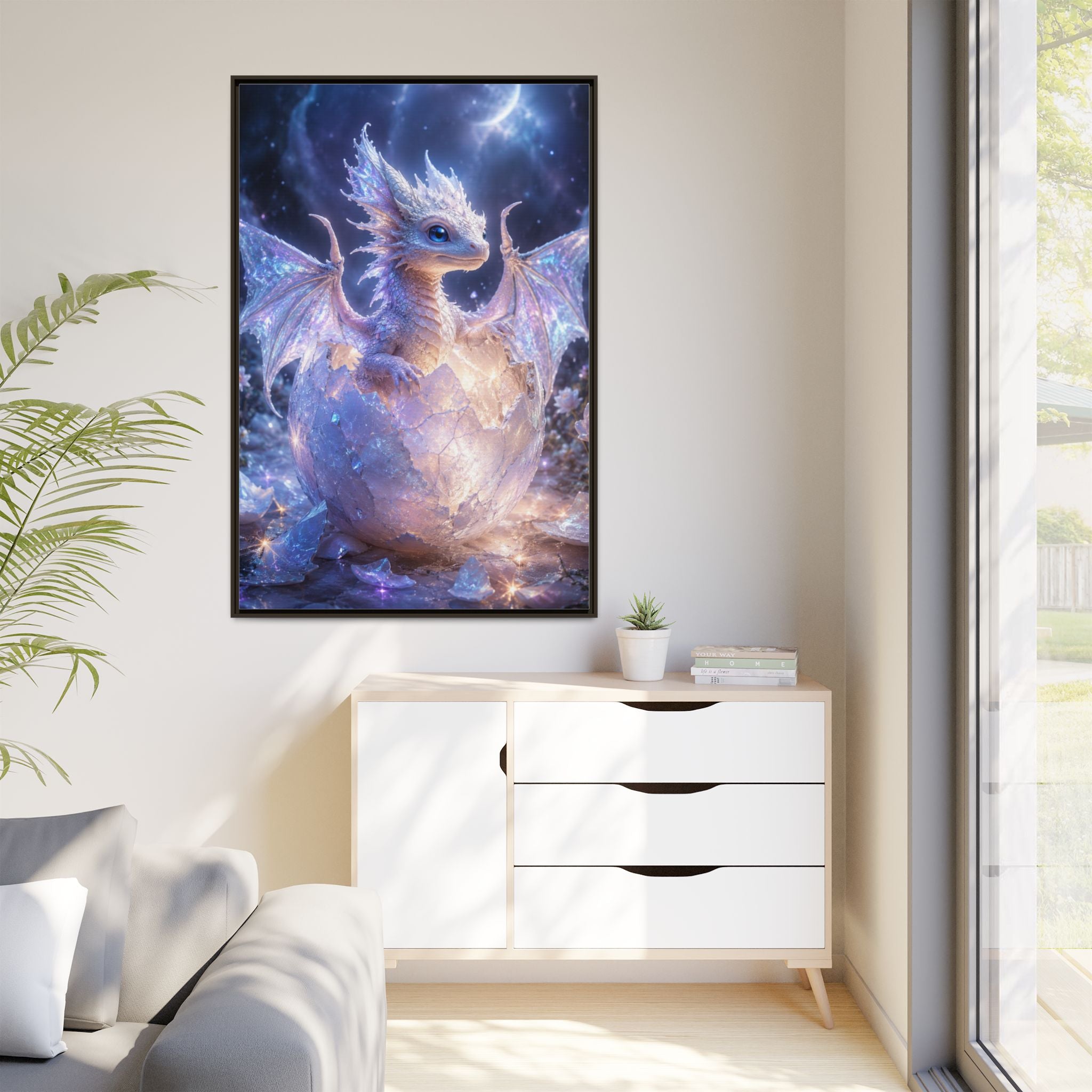 Framed Fantasy Dragon Canvas Print — Mystical Baby Dragon in Cracked Egg Wall Art
