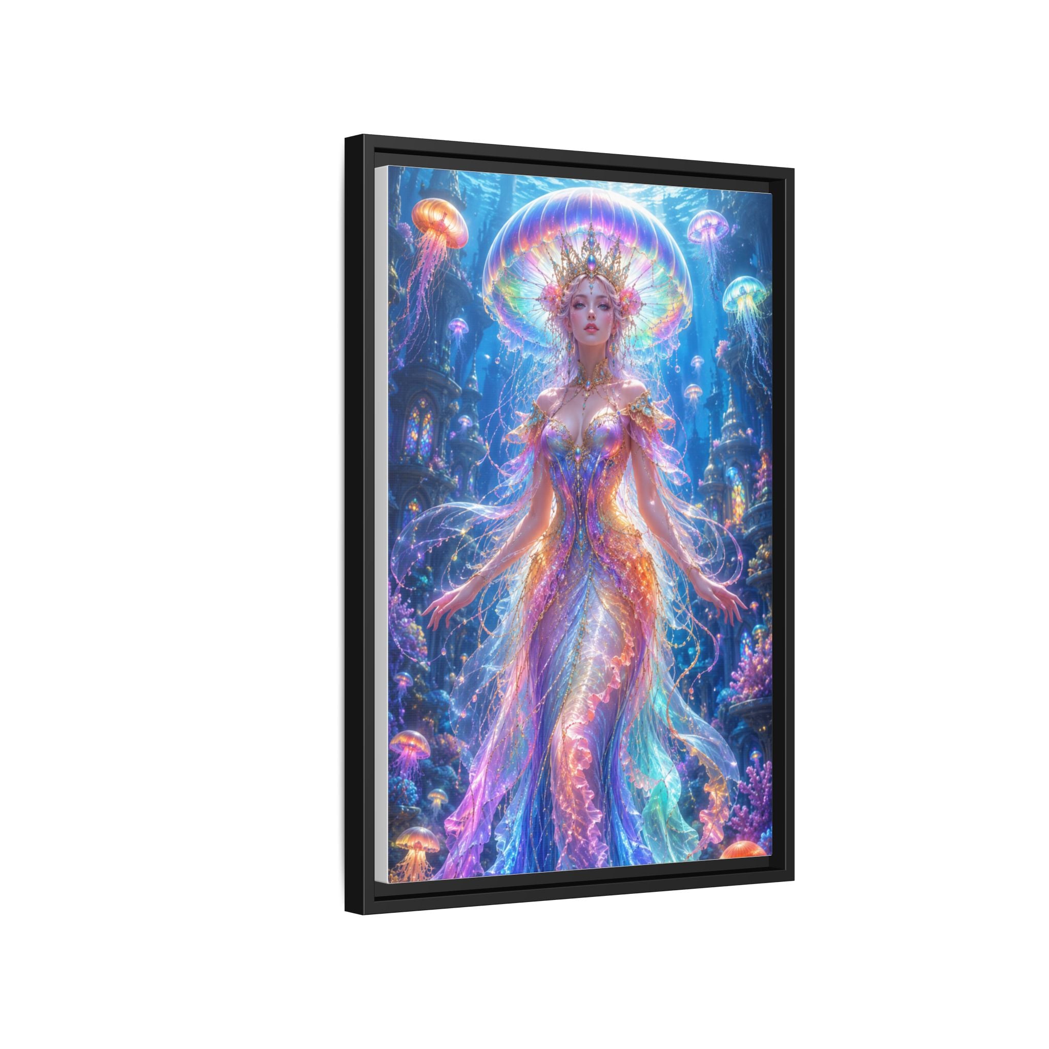 Jellyfish Queen Framed Canvas Art — Vibrant Mermaid Goddess Wall Print