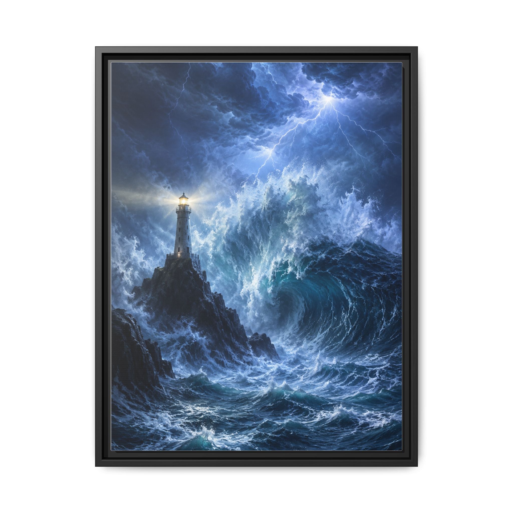 Framed Matte Canvas – Stormy Lighthouse Ocean Print