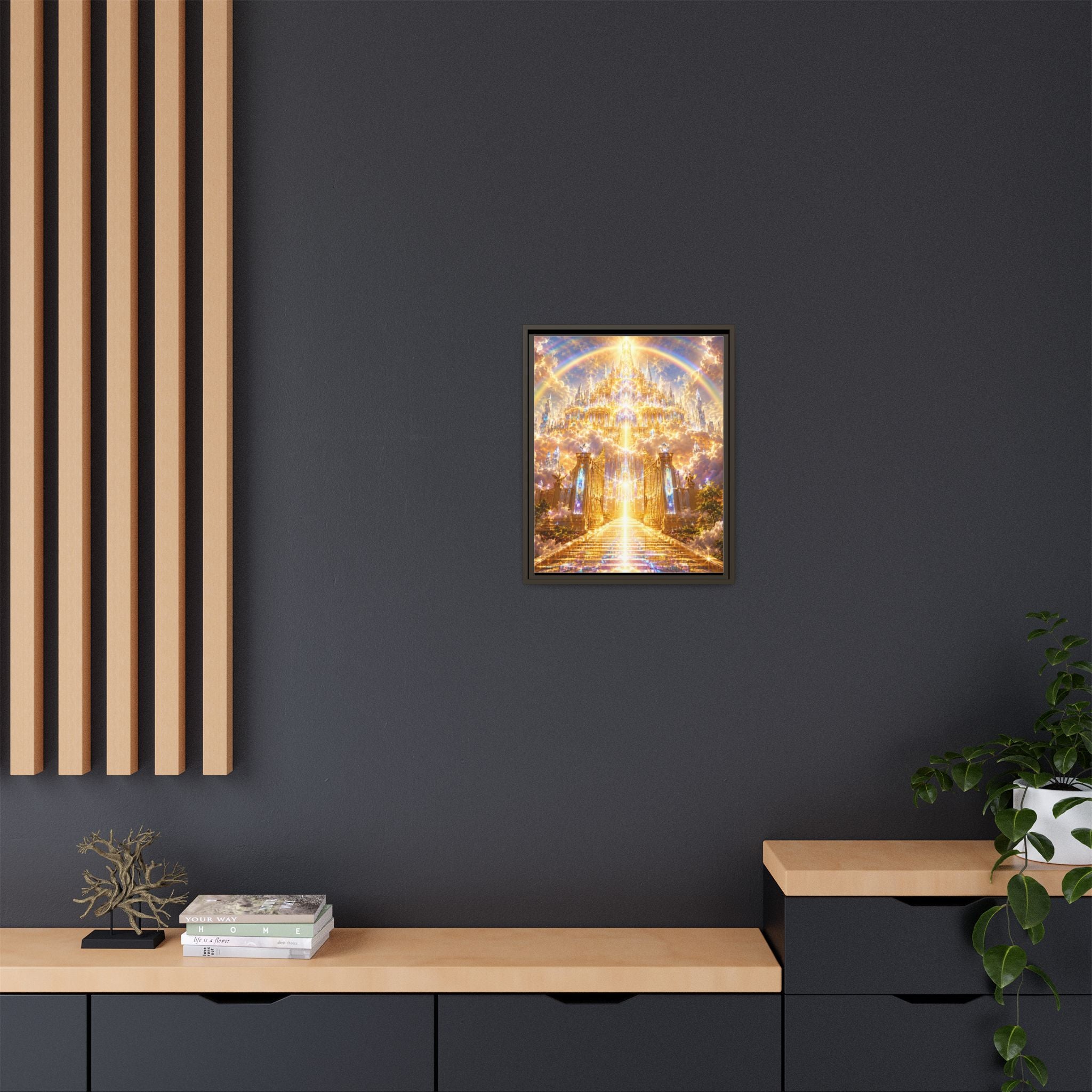 Heavenly Gateway Matte Framed Canvas — Golden Rainbow Spiritual Wall Art