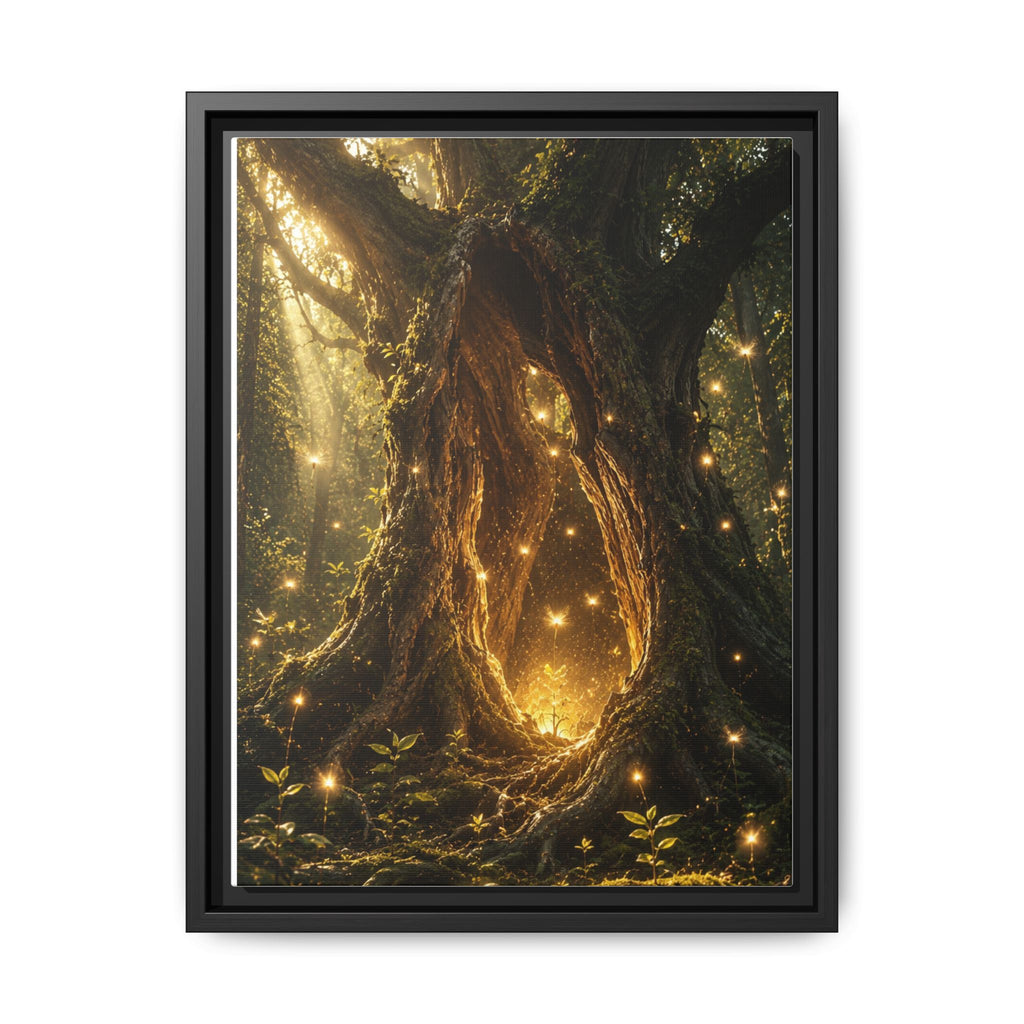 Framed Canvas Art - Enchanted Forest Tree with Glowing Fireflies