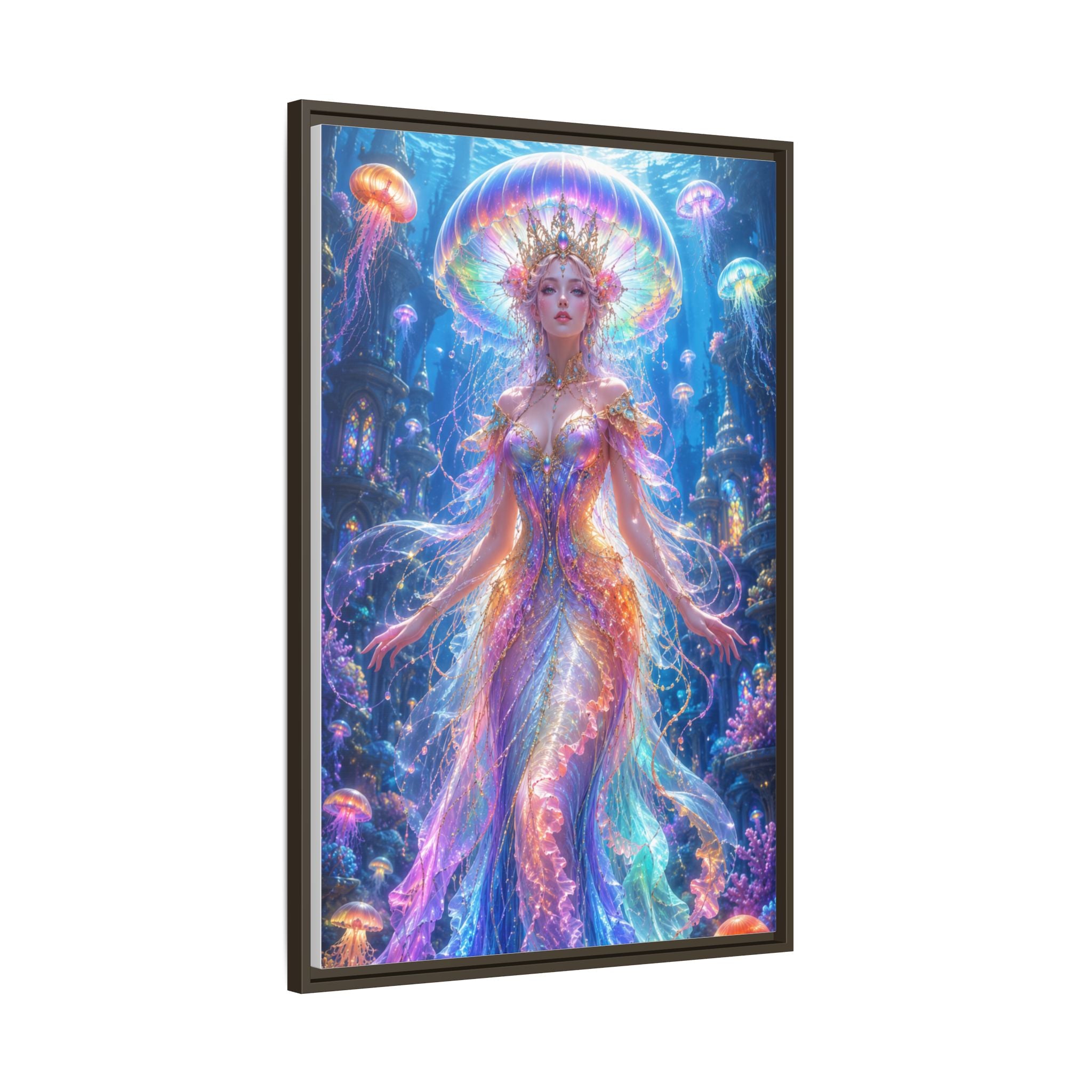 Jellyfish Queen Framed Canvas Art — Vibrant Mermaid Goddess Wall Print