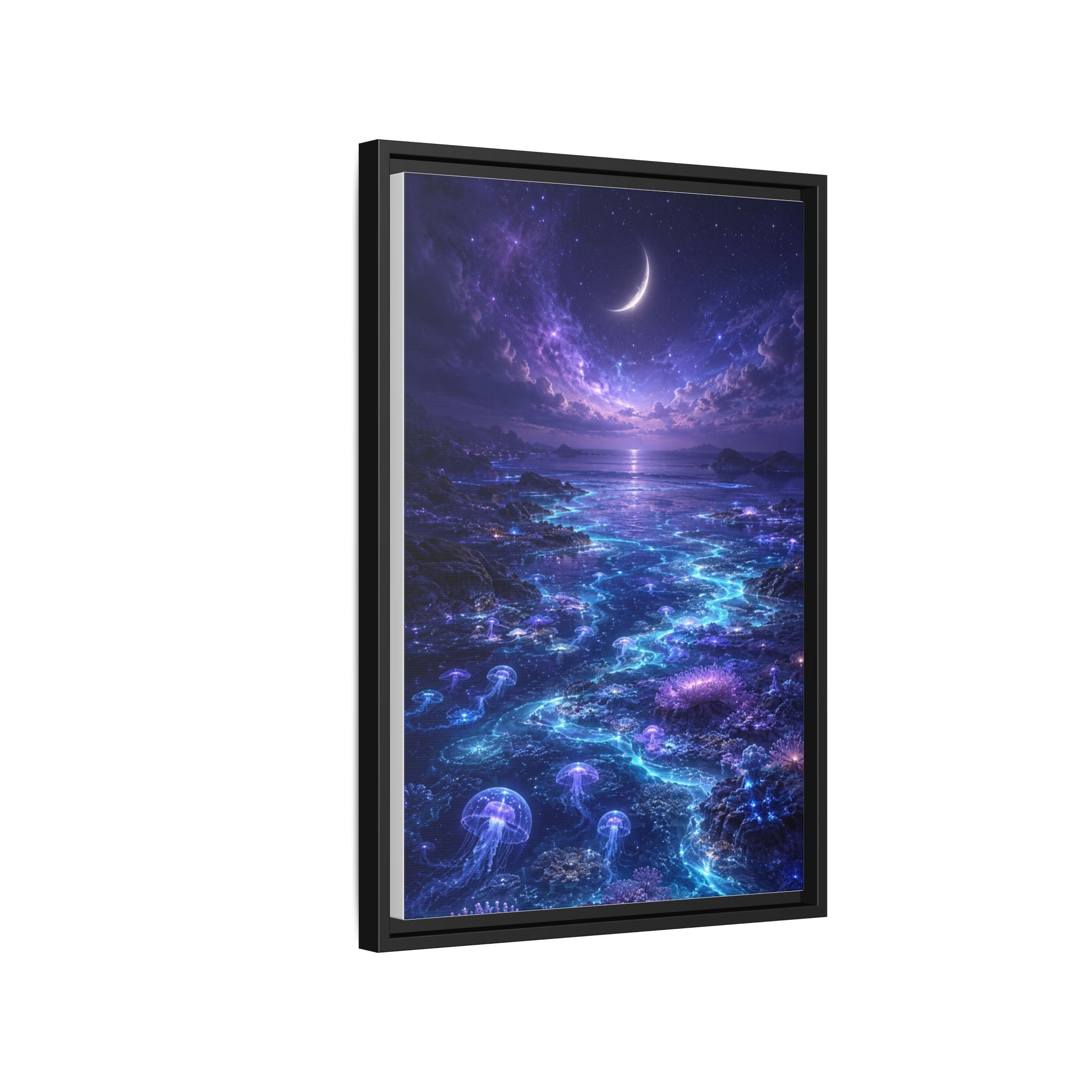 Framed Canvas Art — Bioluminescent Moonlit Ocean Scene