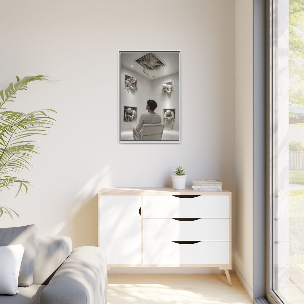 Surreal Wall Art Canvas — Man in Gallery with Sculpted Figures, Framed Matte Print